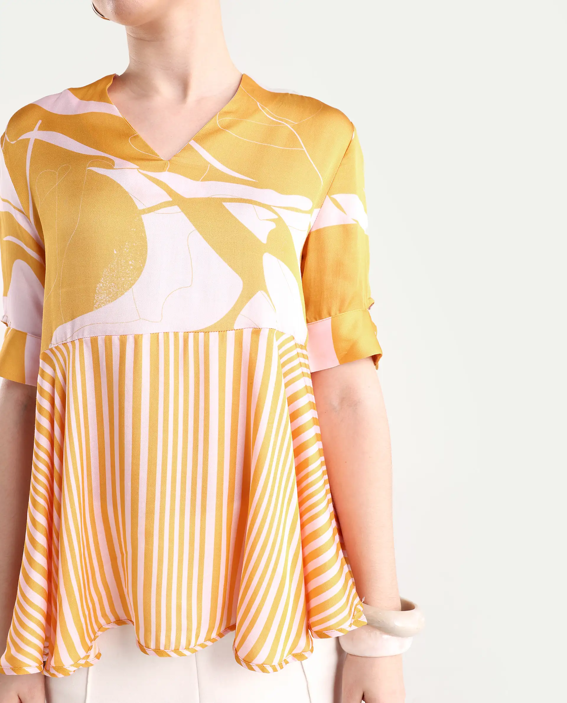 Rareism Women's Skimmia Mustard Modal V-Neck Abstract Print Regular Fit Top - Image 5