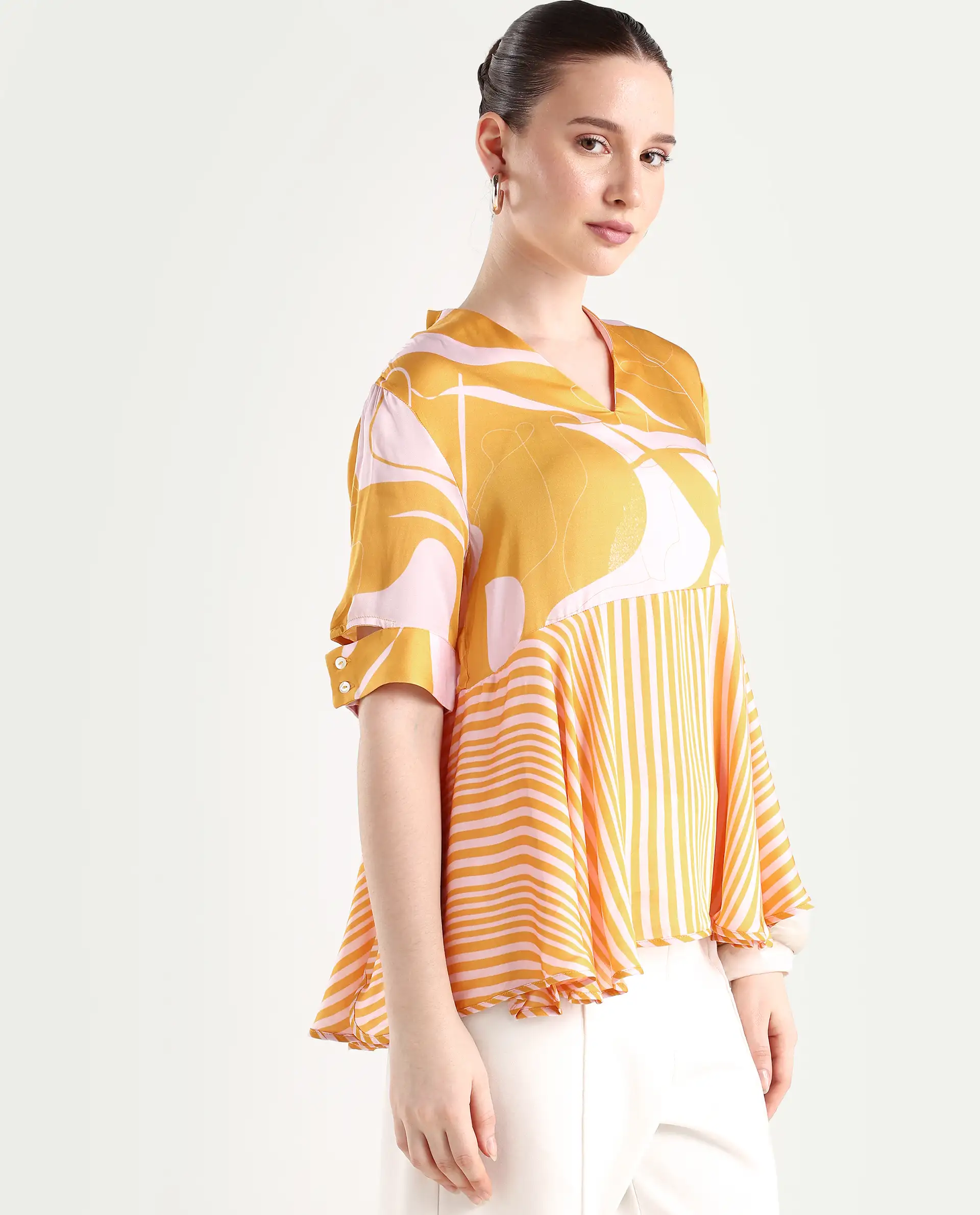 Rareism Women's Skimmia Mustard Modal V-Neck Abstract Print Regular Fit Top - Image 6