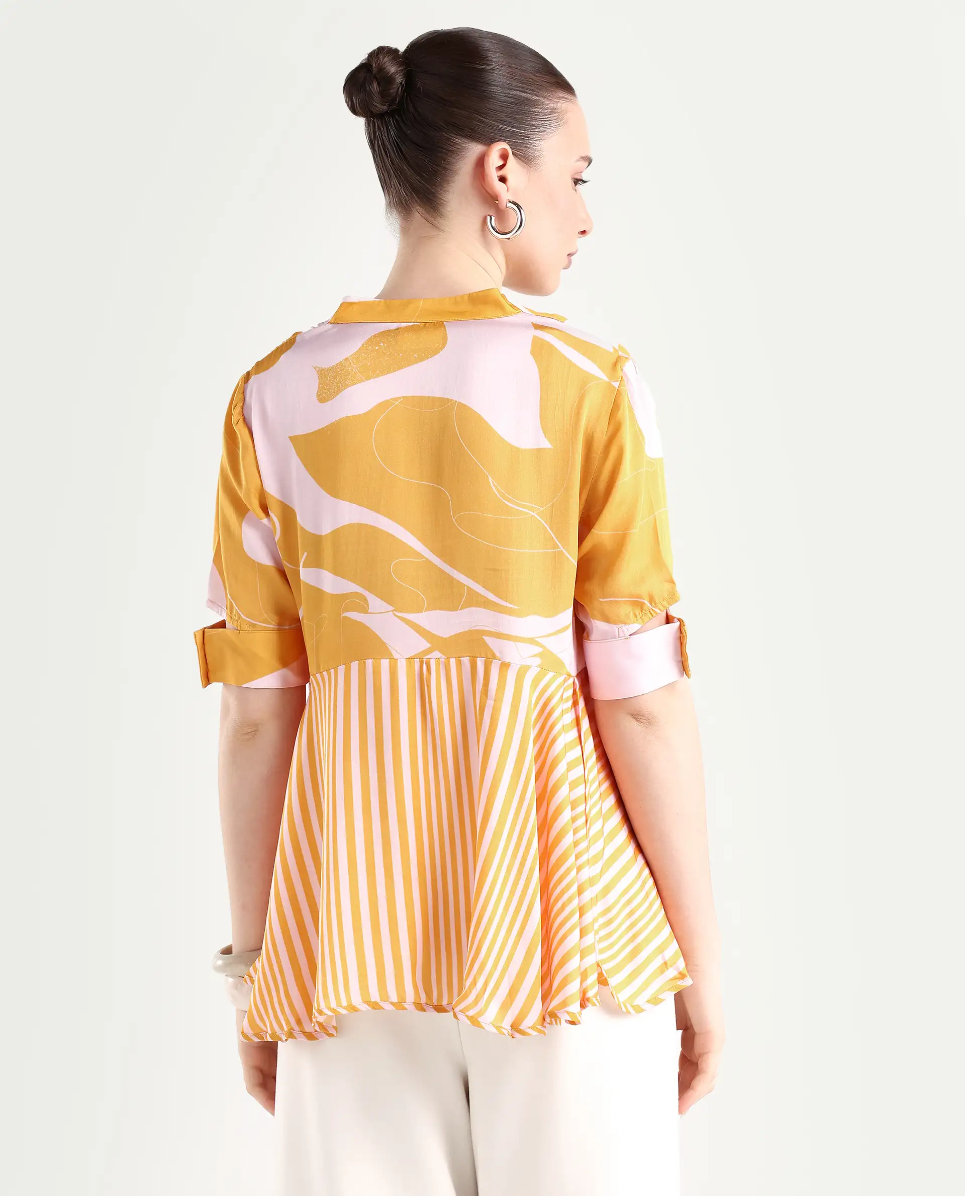 Rareism Women's Skimmia Mustard Modal V-Neck Abstract Print Regular Fit Top - Image 7