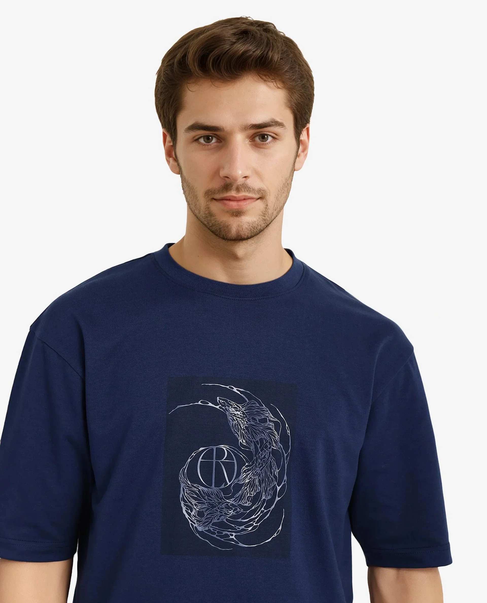 Rare Rabbit Men's Skio Dusky Blue Cotton Graphic Print Oversized Fit Half Sleeve Crew Neck T-Shirt - Image 2