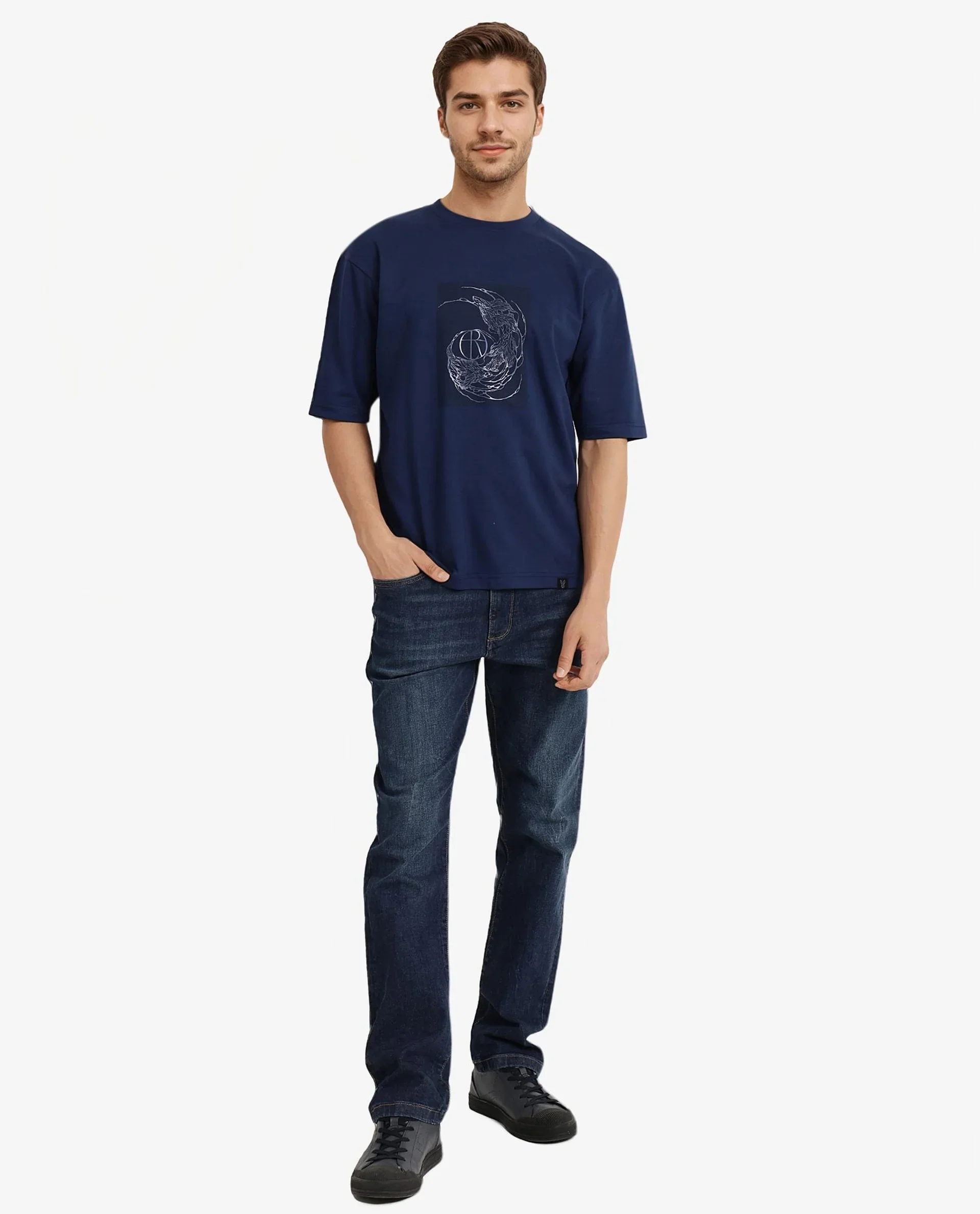 Rare Rabbit Men's Skio Dusky Blue Cotton Graphic Print Oversized Fit Half Sleeve Crew Neck T-Shirt - Image 3