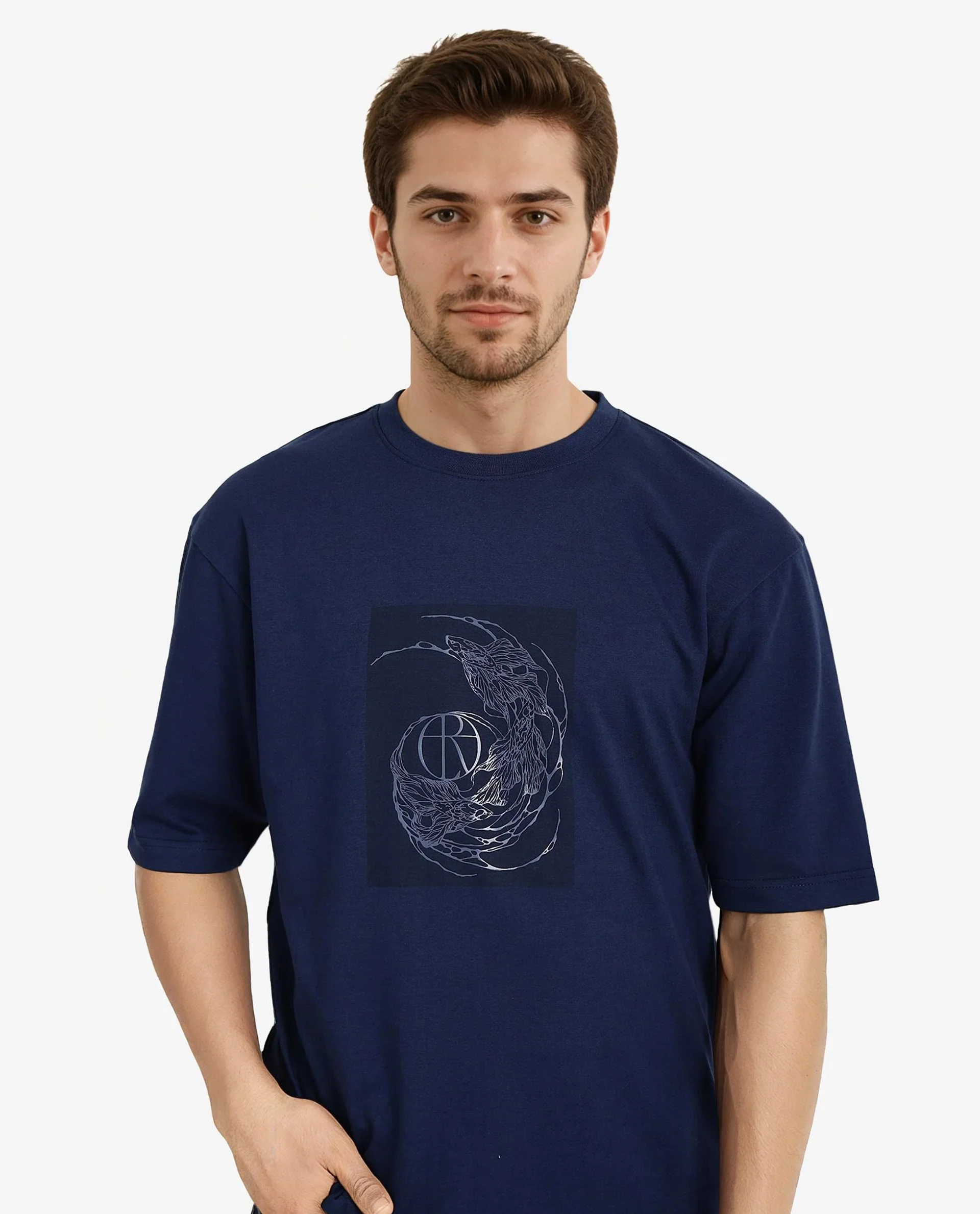 Rare Rabbit Men's Skio Dusky Blue Cotton Graphic Print Oversized Fit Half Sleeve Crew Neck T-Shirt - Image 5