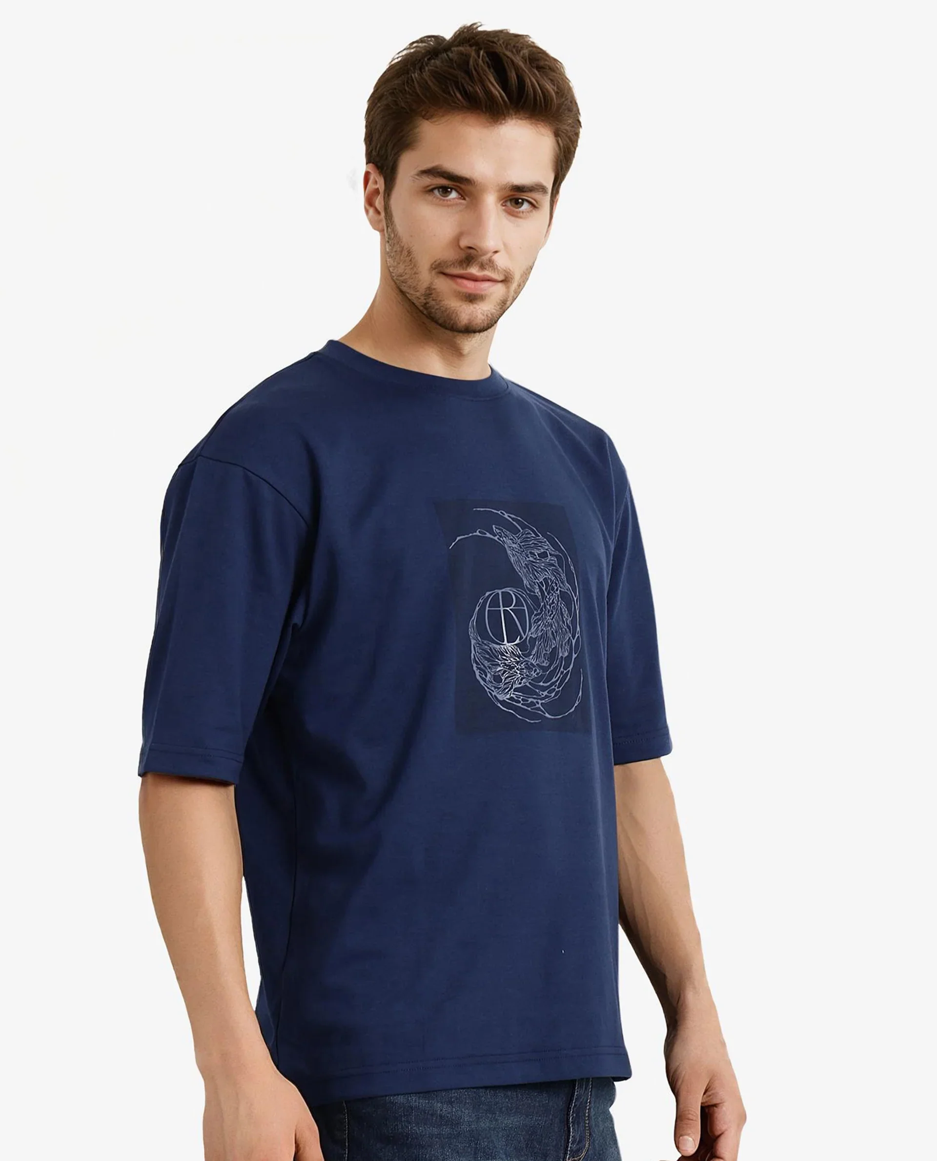 Rare Rabbit Men's Skio Dusky Blue Cotton Graphic Print Oversized Fit Half Sleeve Crew Neck T-Shirt - Image 6