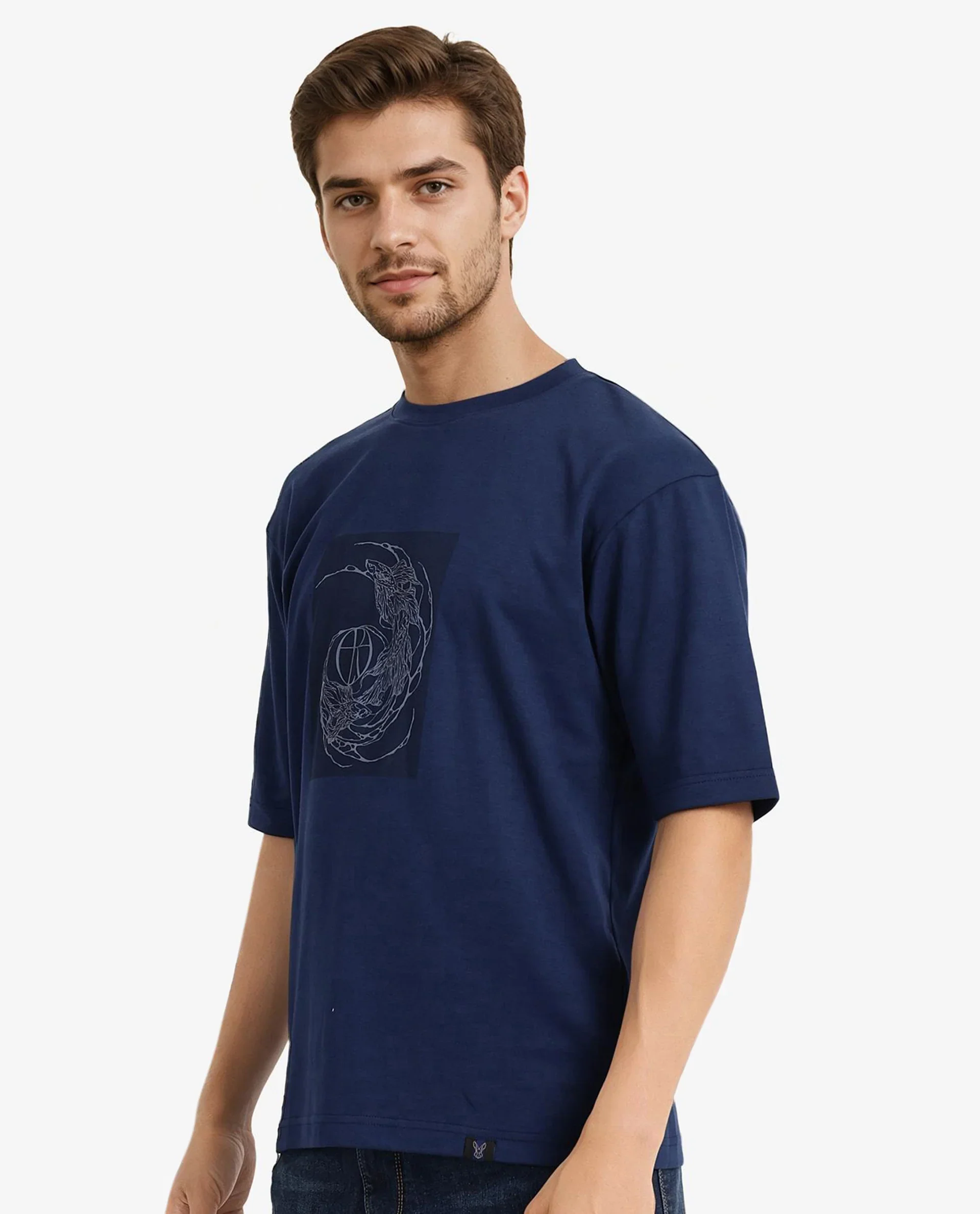Rare Rabbit Men's Skio Dusky Blue Cotton Graphic Print Oversized Fit Half Sleeve Crew Neck T-Shirt - Image 7
