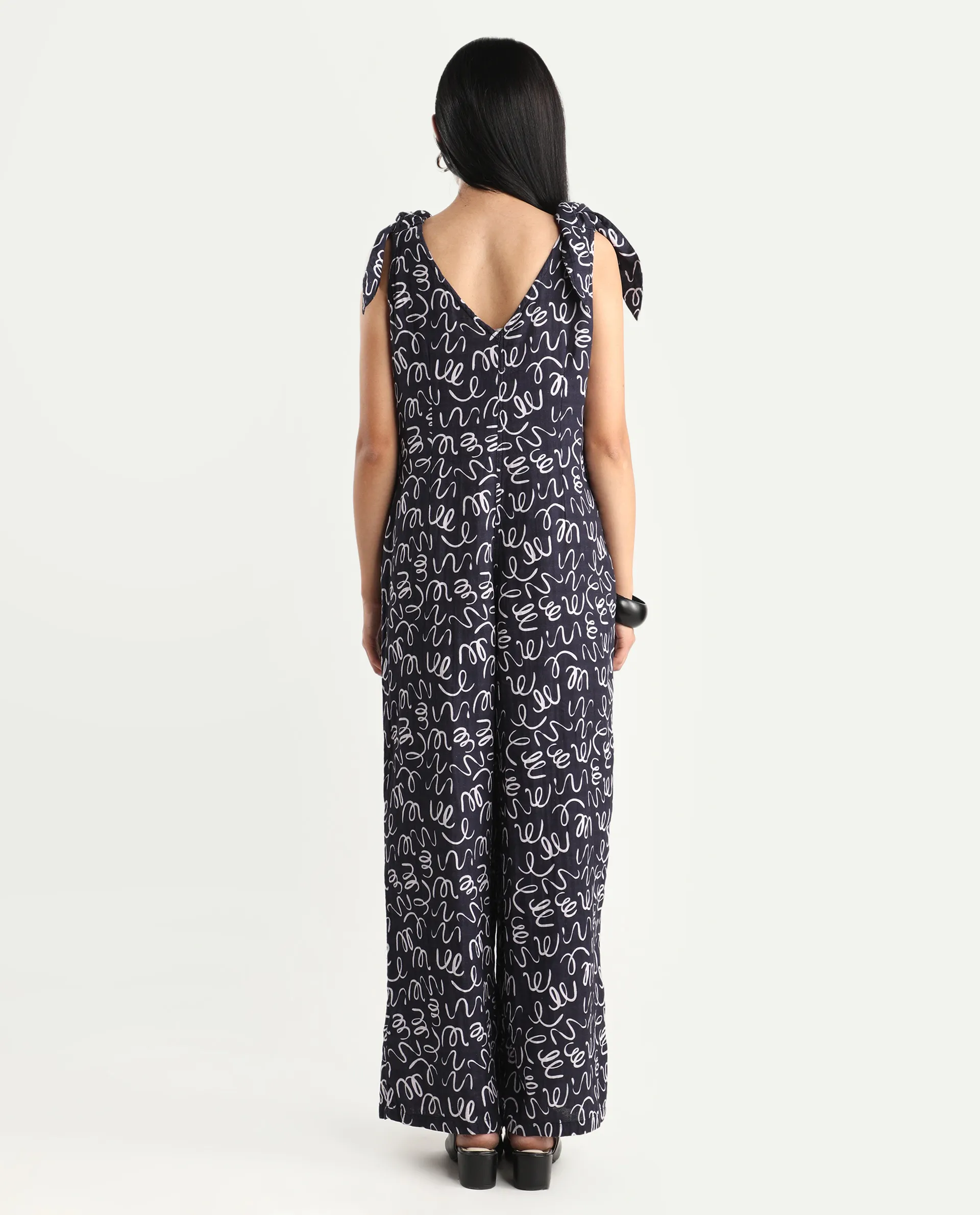 Rareism Women's Skoda Black Cotton V-Neck Abstract Print Shoulder Strap Ankle Length Tailored Jumpsuit - Image 7