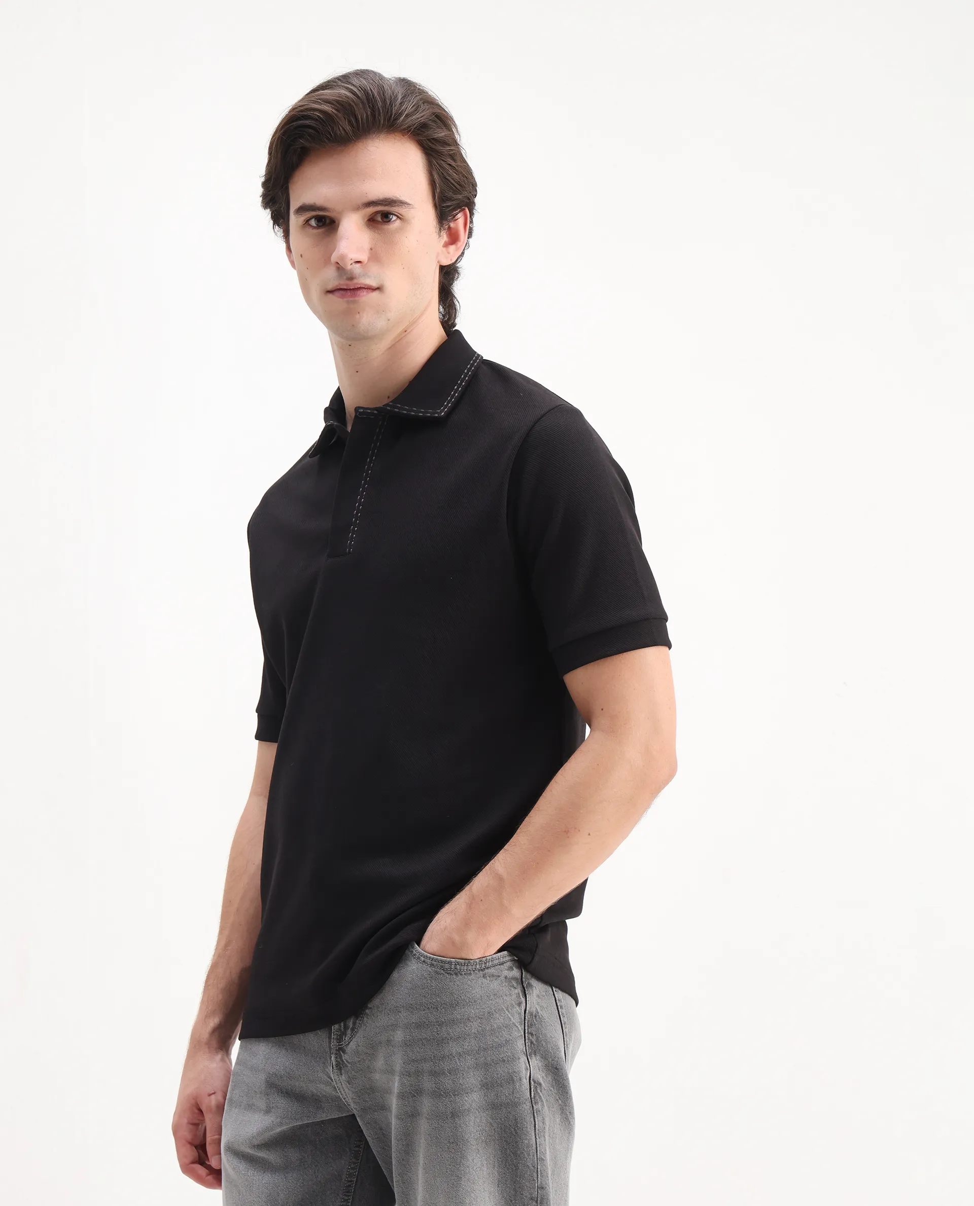 Rare Rabbit Men's Skowl Black Polyester Blend Plain Regular Fit Half Sleeve Polo - Image 5