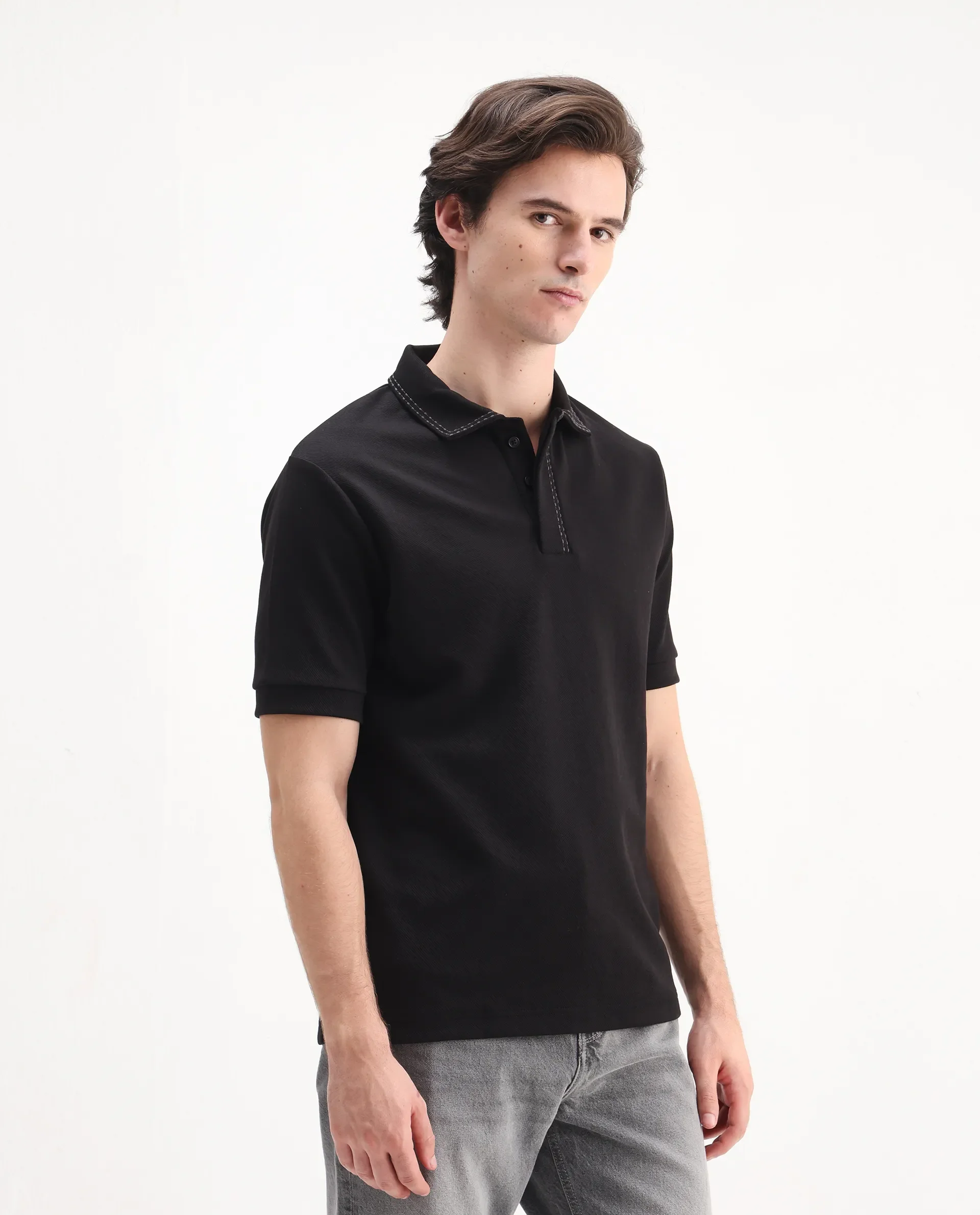 Rare Rabbit Men's Skowl Black Polyester Blend Plain Regular Fit Half Sleeve Polo - Image 6