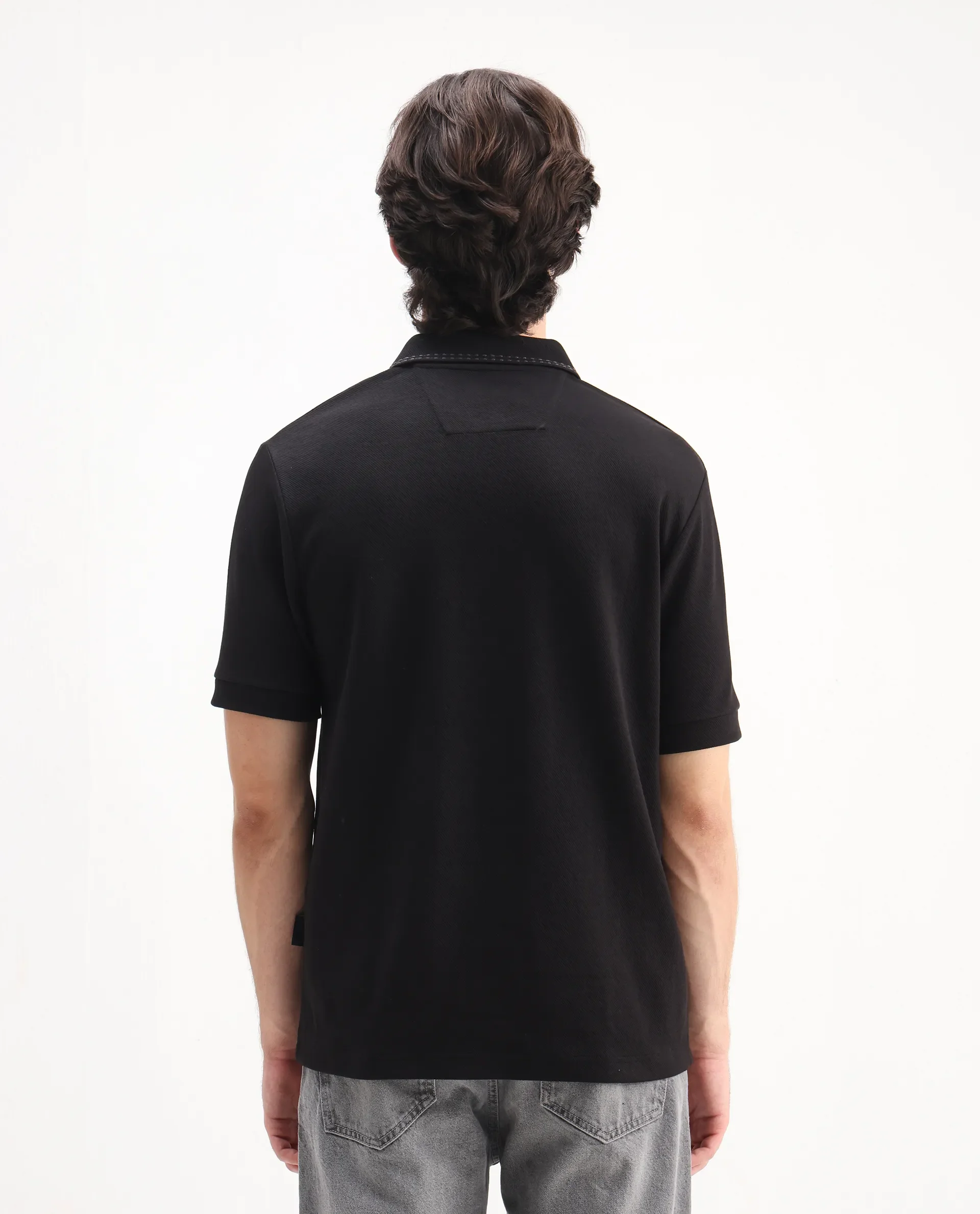 Rare Rabbit Men's Skowl Black Polyester Blend Plain Regular Fit Half Sleeve Polo - Image 7