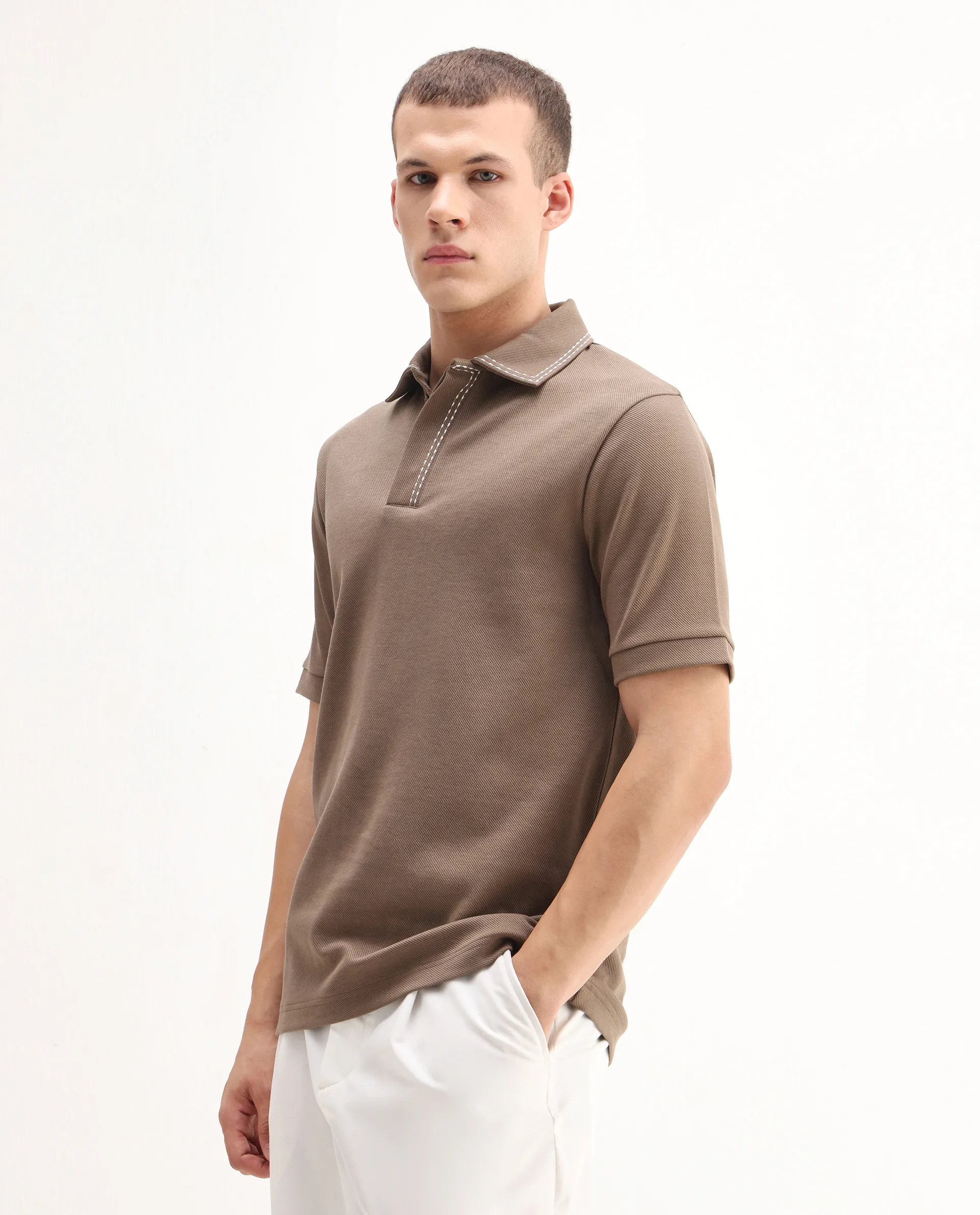 Rare Rabbit Men's Skowl Dusky Brown Polyester Blend Plain Regular Fit Half Sleeve Polo - Image 4