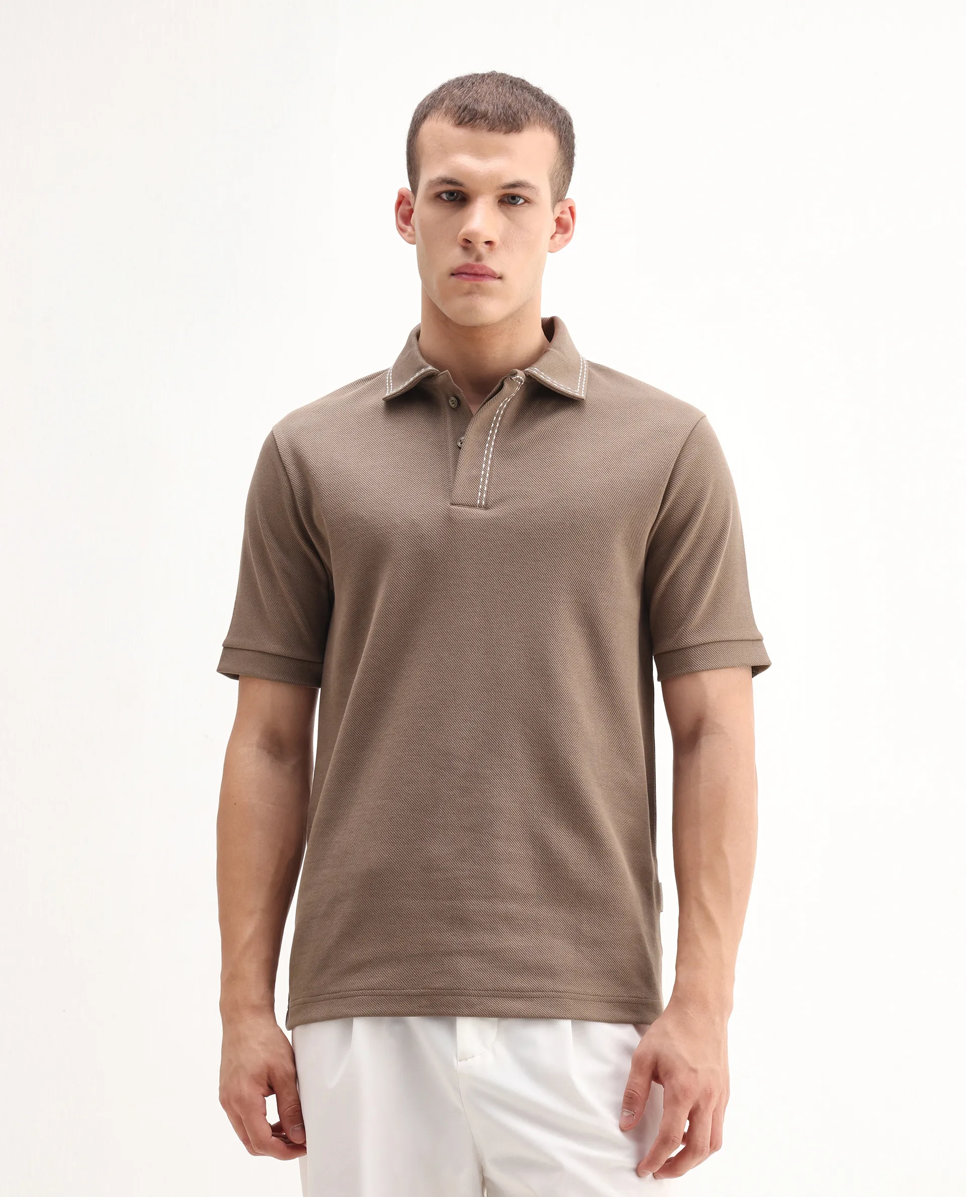 Rare Rabbit Men's Skowl Dusky Brown Polyester Blend Plain Regular Fit Half Sleeve Polo - Image 5