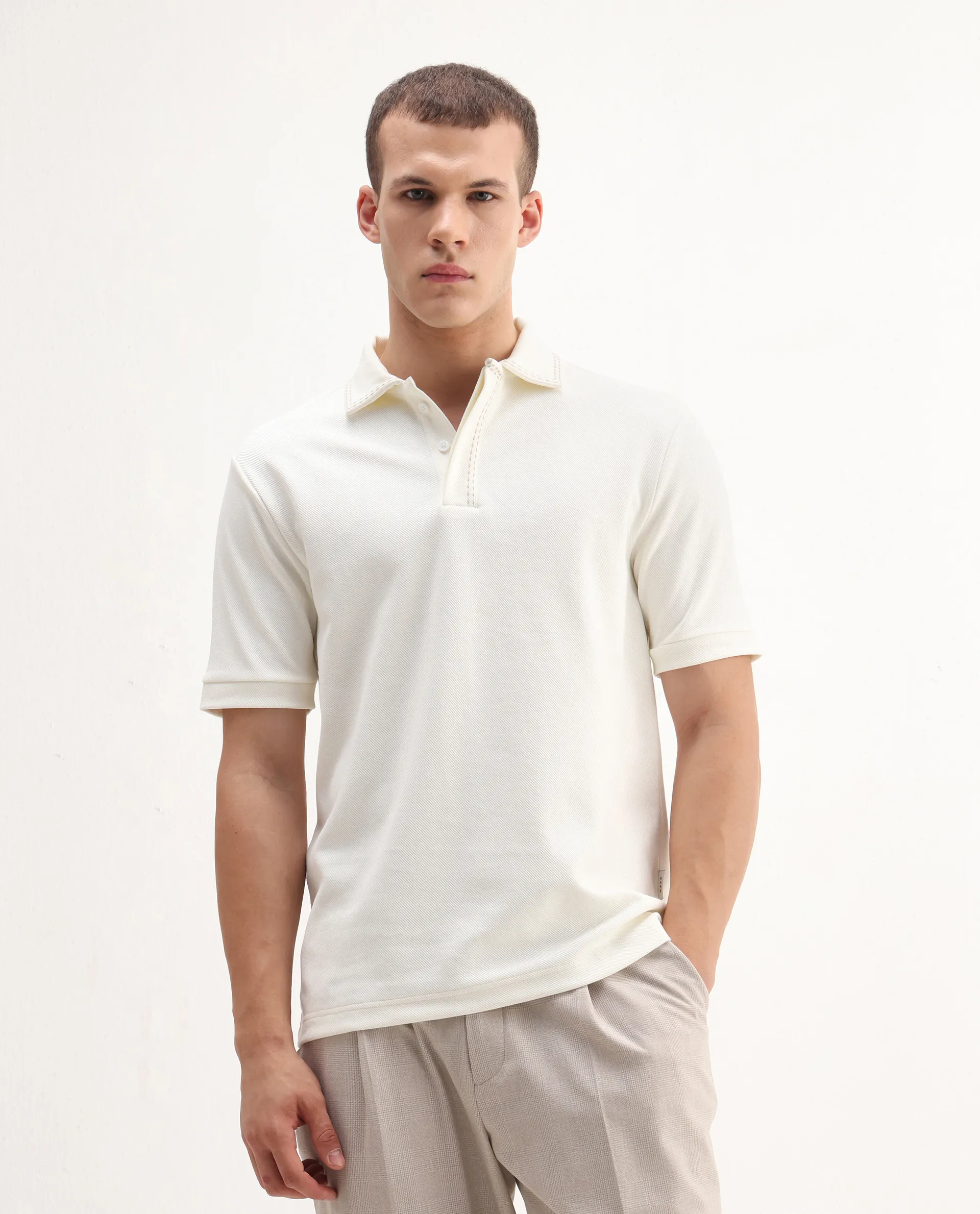 Rare Rabbit Men's Skowl Off White Polyester Blend Plain Regular Fit Half Sleeve Polo - Image 5