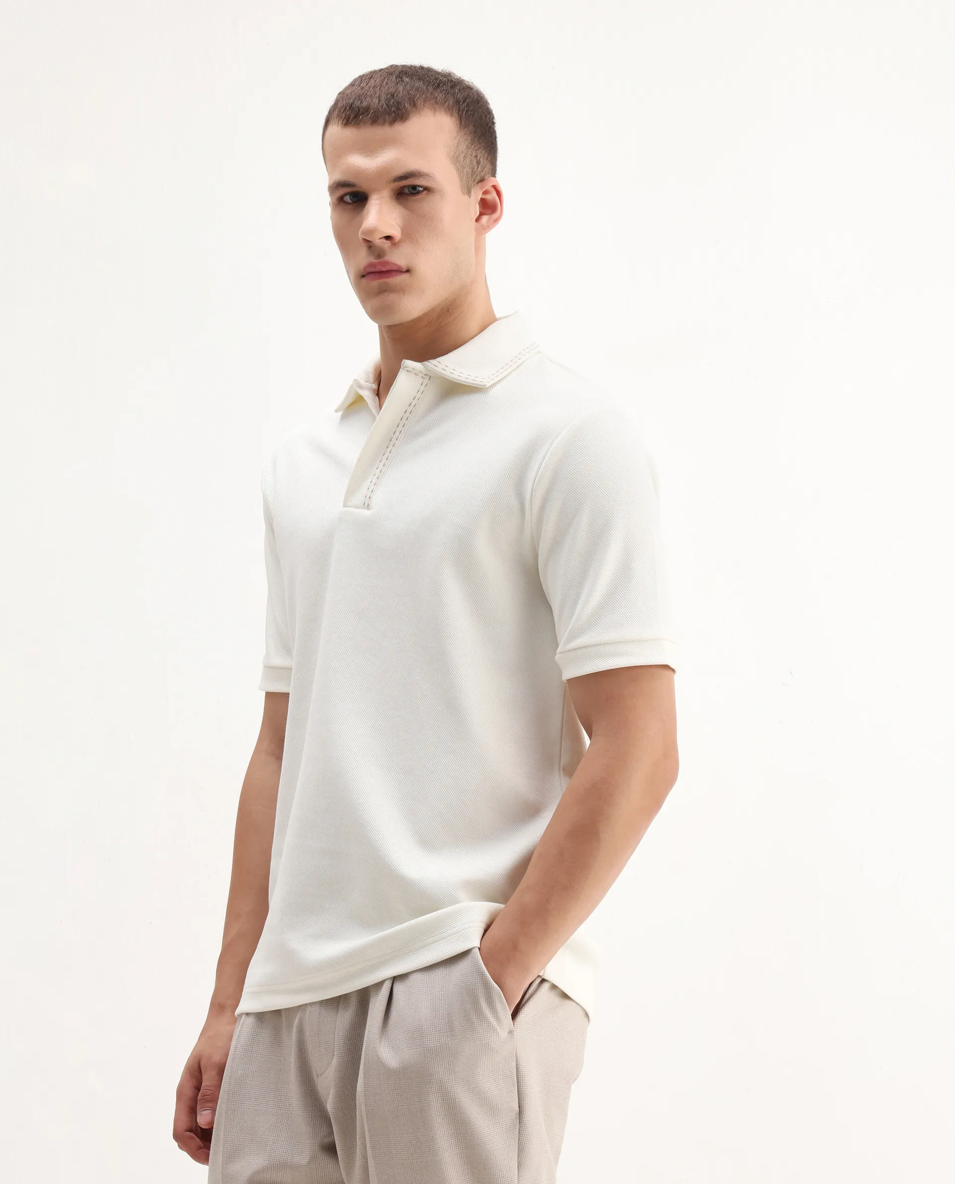 Rare Rabbit Men's Skowl Off White Polyester Blend Plain Regular Fit Half Sleeve Polo - Image 6