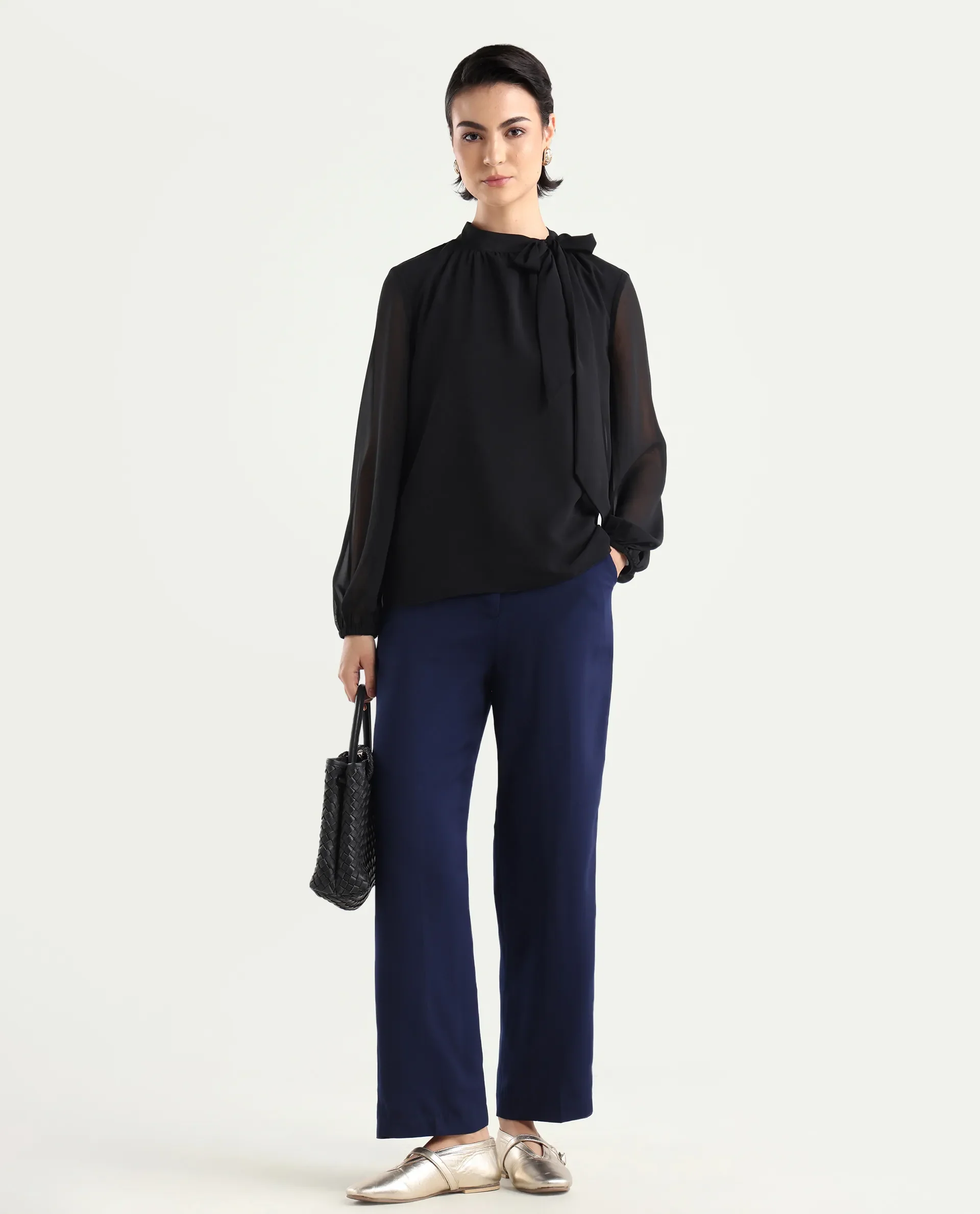Rareism Women's Skrein Navy Polyester Blend Plain Ankle Length Straight Fit Trouser