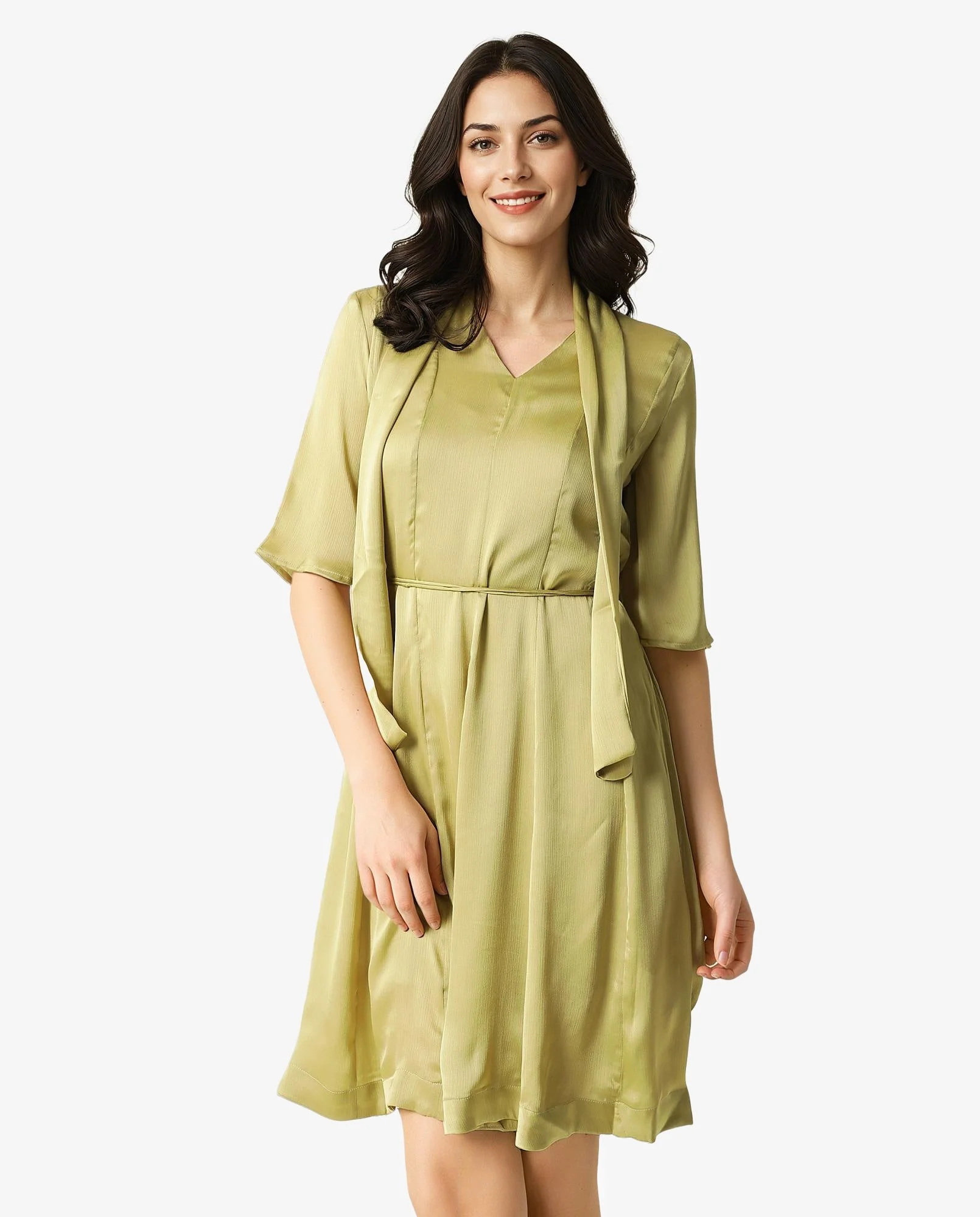 Rareism Women's Skrill Green V-Neck Plain Flared Sleeve Knee Length Regular Fit Dress