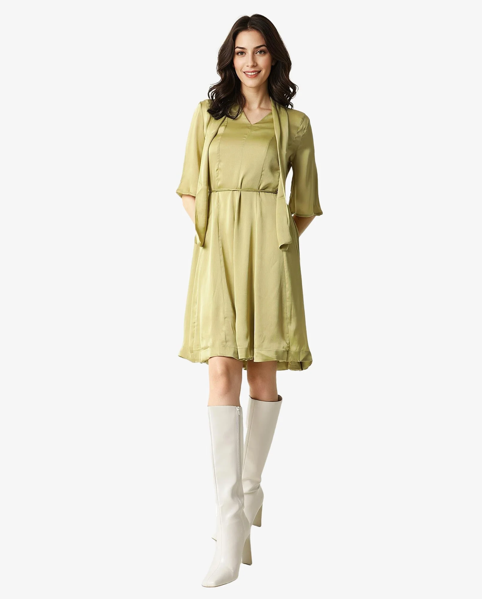 Rareism Women's Skrill Green V-Neck Plain Flared Sleeve Knee Length Regular Fit Dress - Image 2