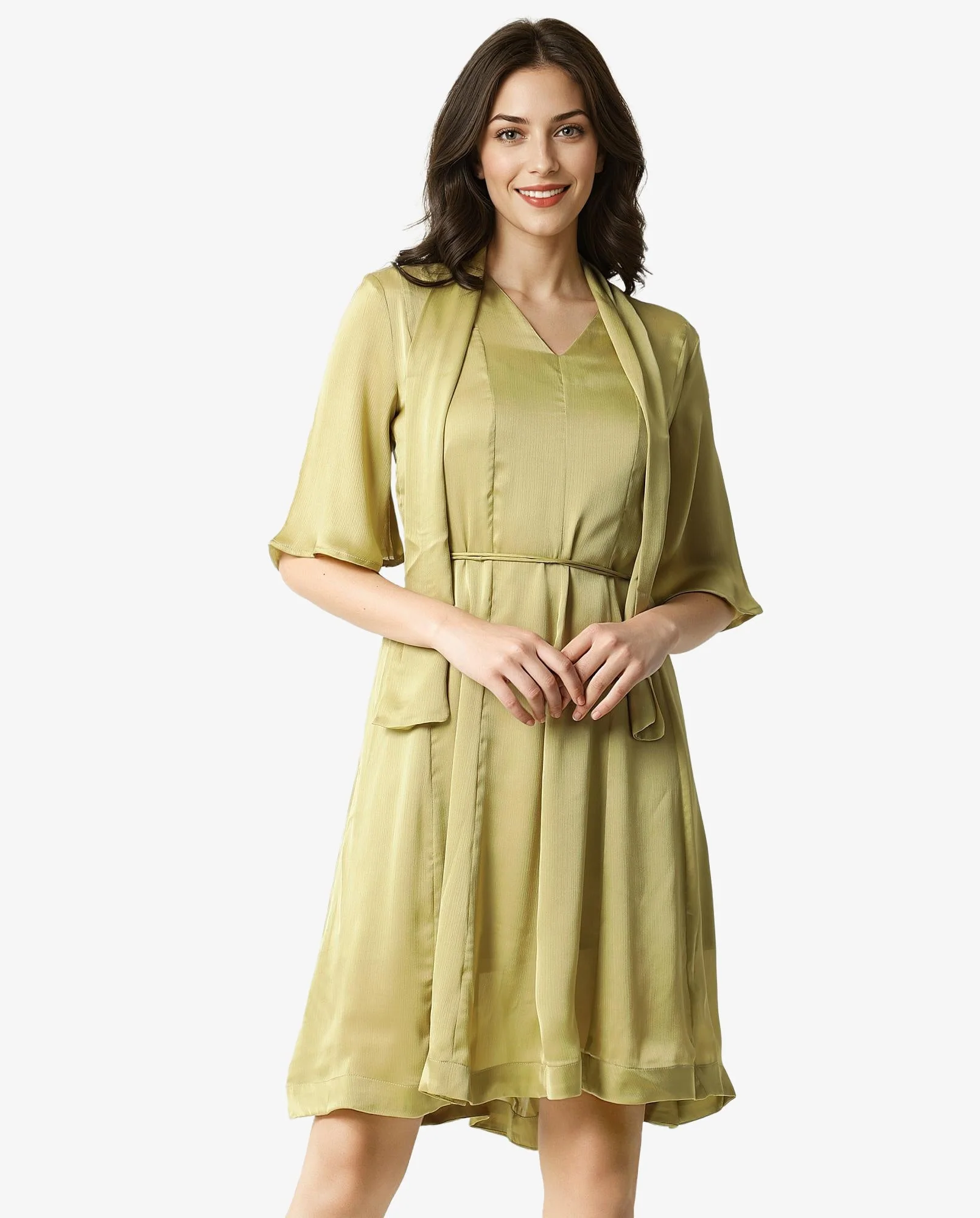 Rareism Women's Skrill Green V-Neck Plain Flared Sleeve Knee Length Regular Fit Dress - Image 3