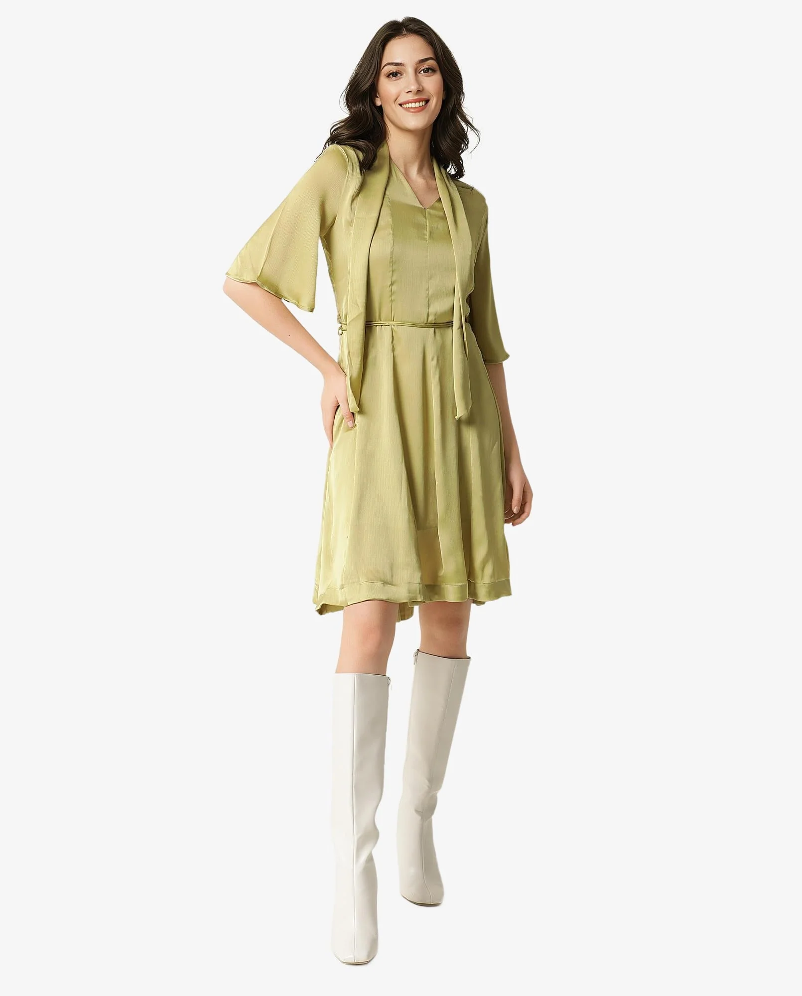 Rareism Women's Skrill Green V-Neck Plain Flared Sleeve Knee Length Regular Fit Dress - Image 4