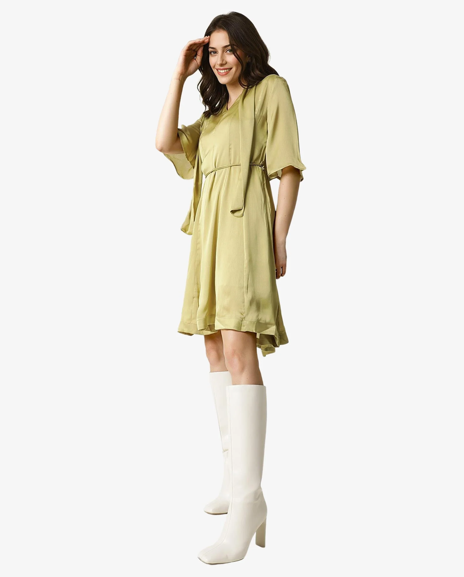 Rareism Women's Skrill Green V-Neck Plain Flared Sleeve Knee Length Regular Fit Dress - Image 5