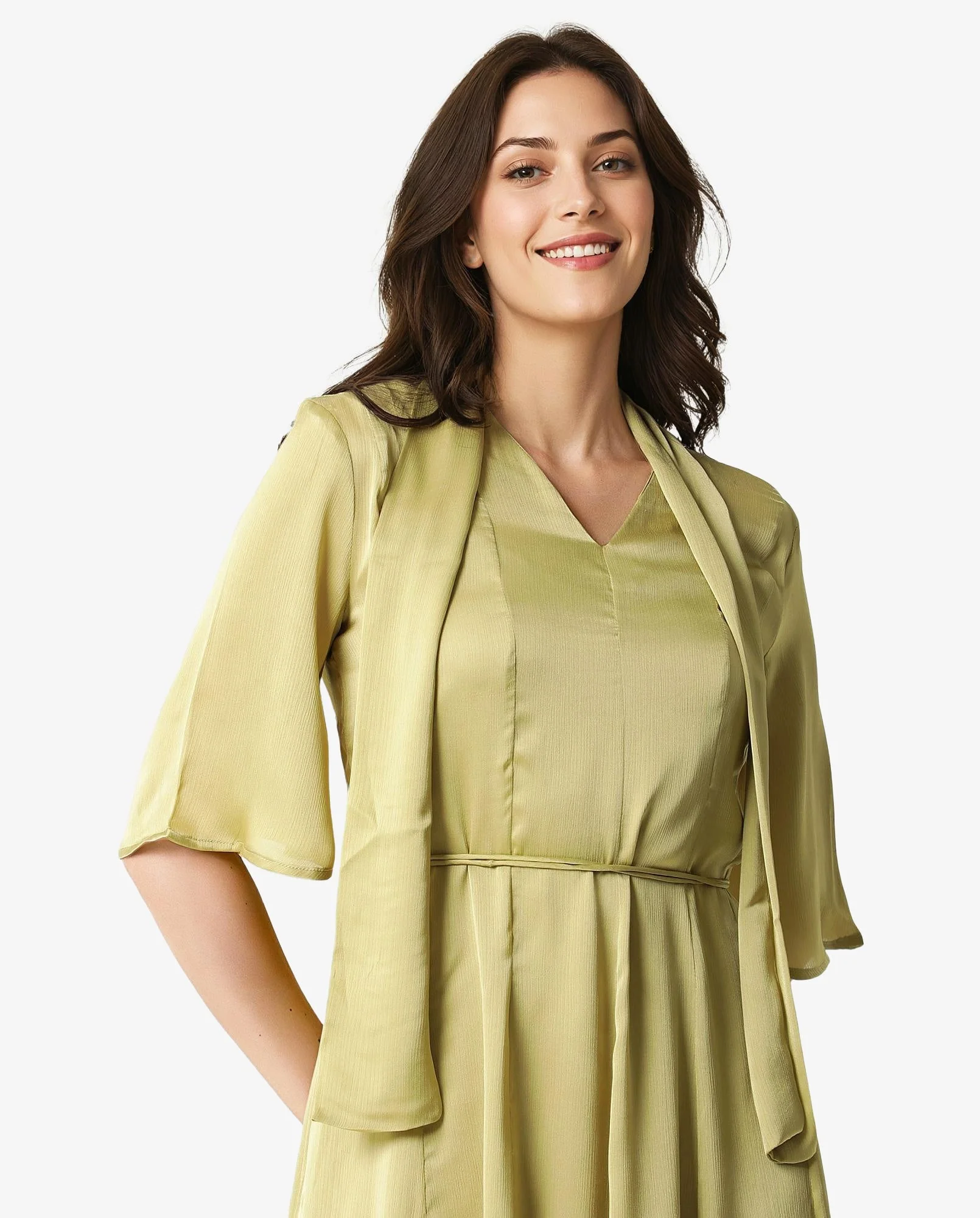 Rareism Women's Skrill Green V-Neck Plain Flared Sleeve Knee Length Regular Fit Dress - Image 6