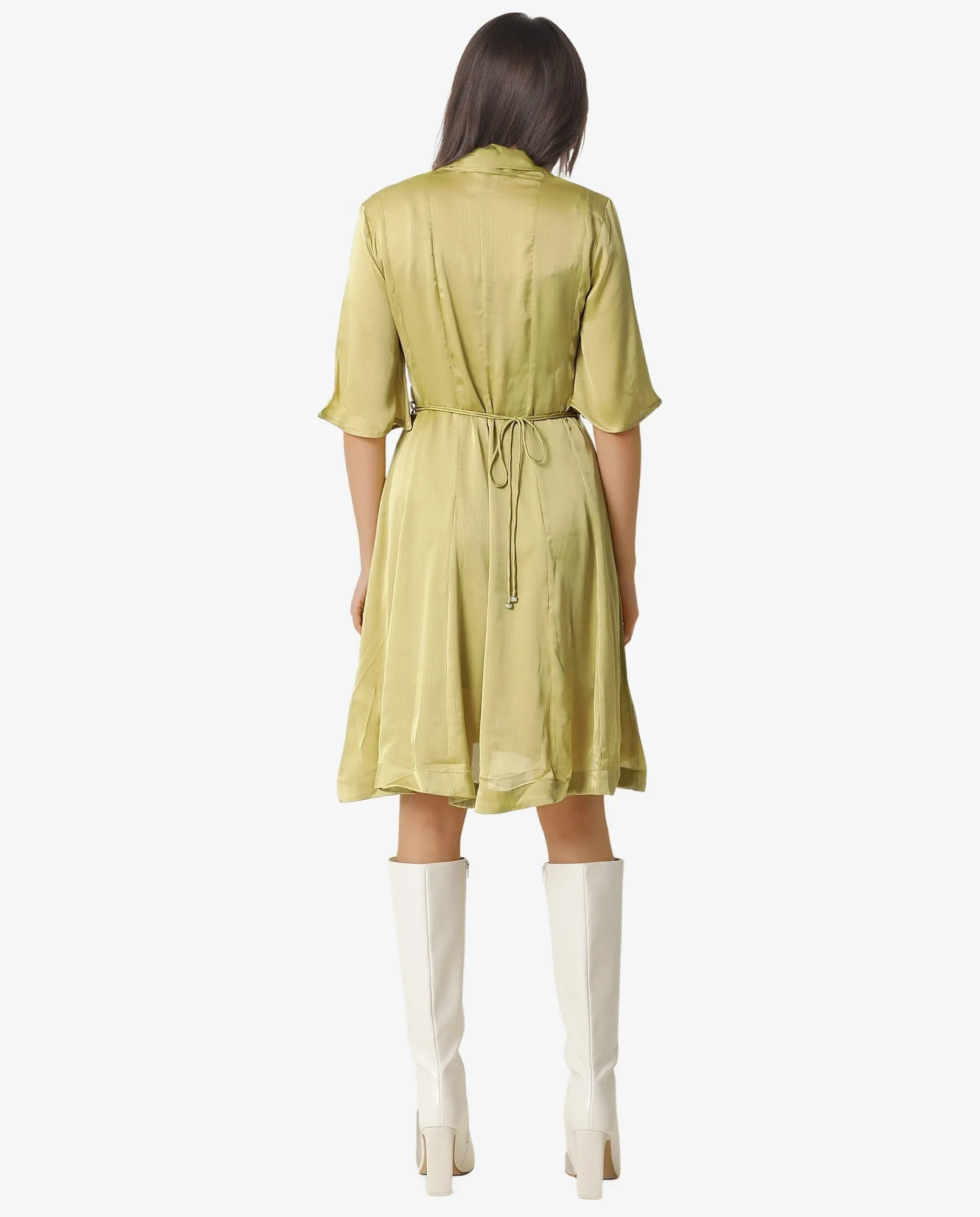 Rareism Women's Skrill Green V-Neck Plain Flared Sleeve Knee Length Regular Fit Dress - Image 7