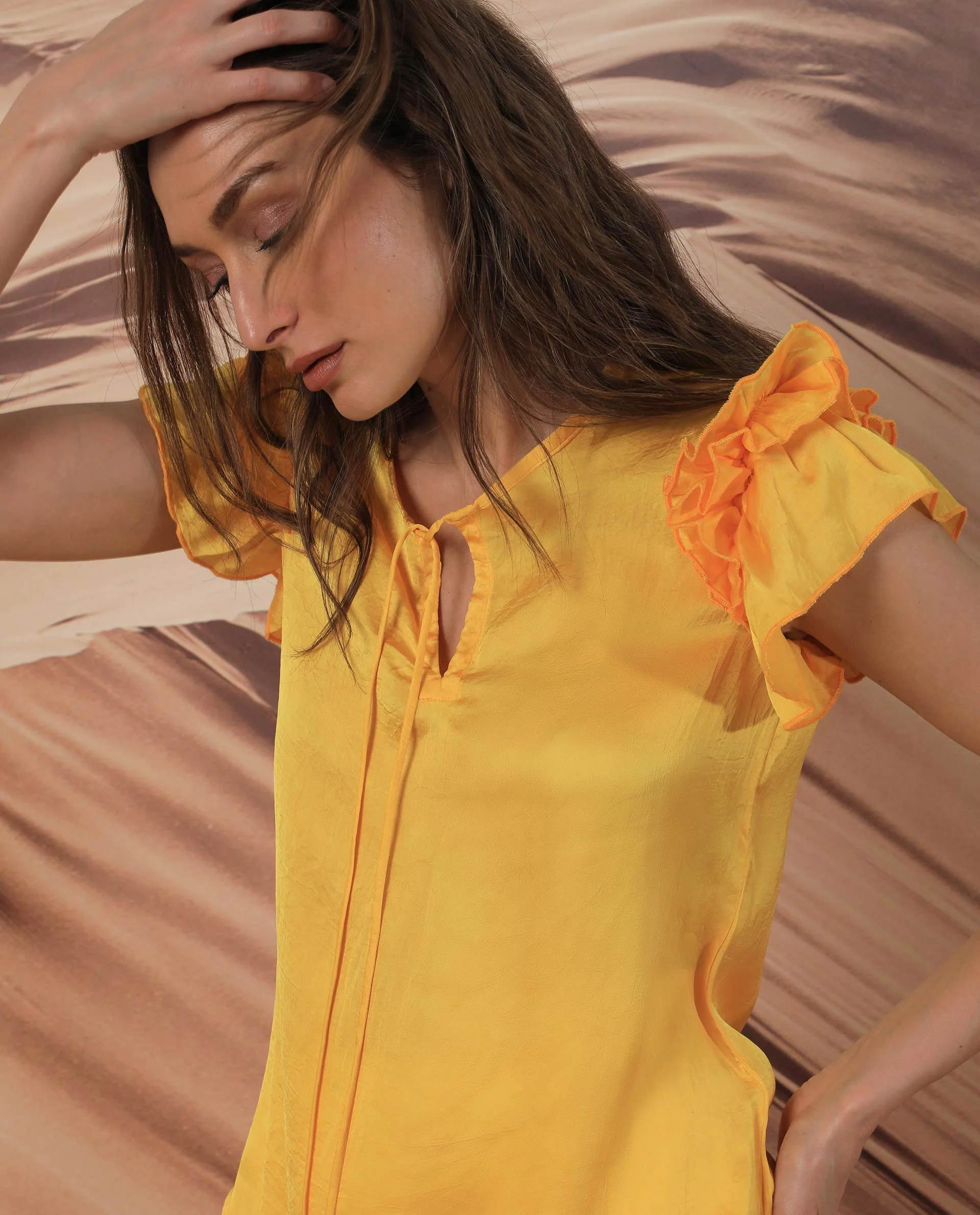 Rareism Women Skye Yellow Top Polyester Fabric Sleeveless Solid Print