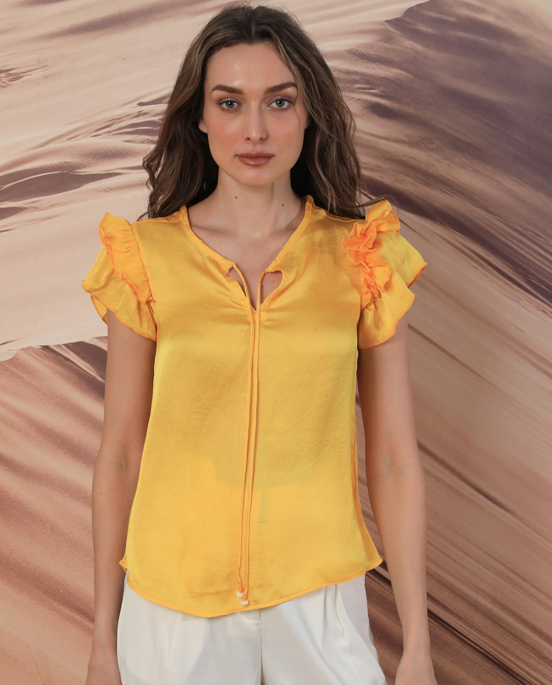 Rareism Women Skye Yellow Top Polyester Fabric Sleeveless Solid Print - Image 2