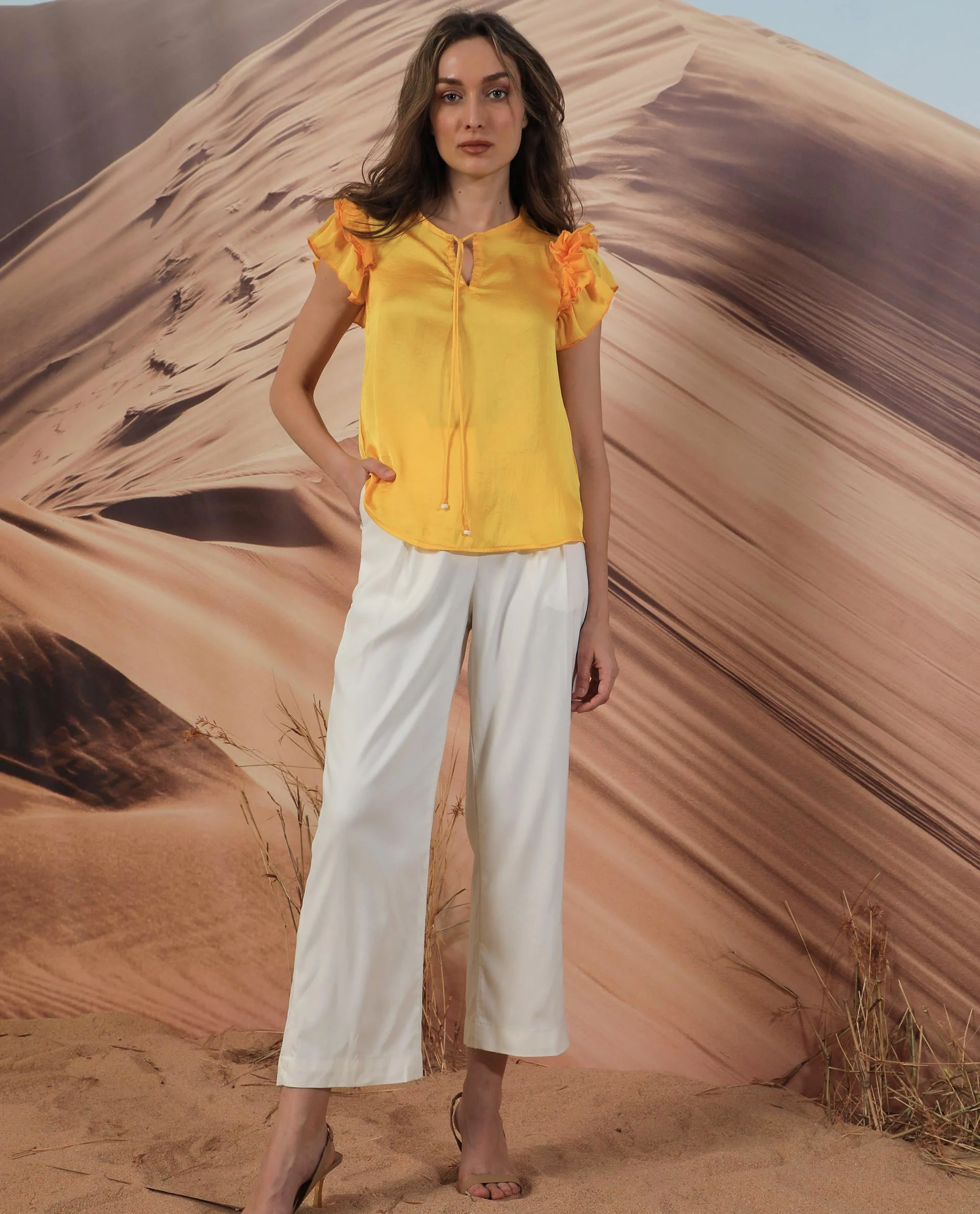 Rareism Women Skye Yellow Top Polyester Fabric Sleeveless Solid Print - Image 3