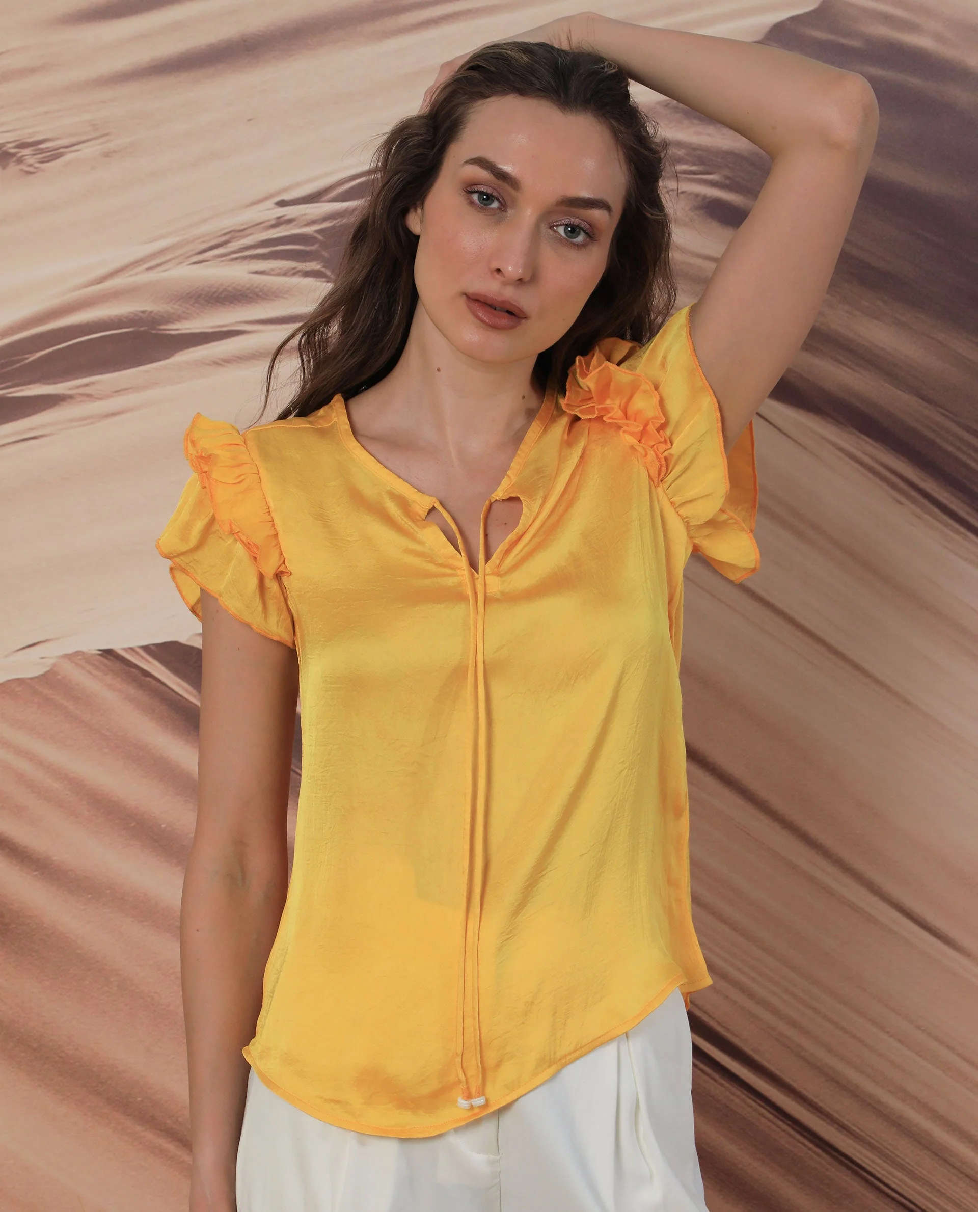 Rareism Women Skye Yellow Top Polyester Fabric Sleeveless Solid Print - Image 4