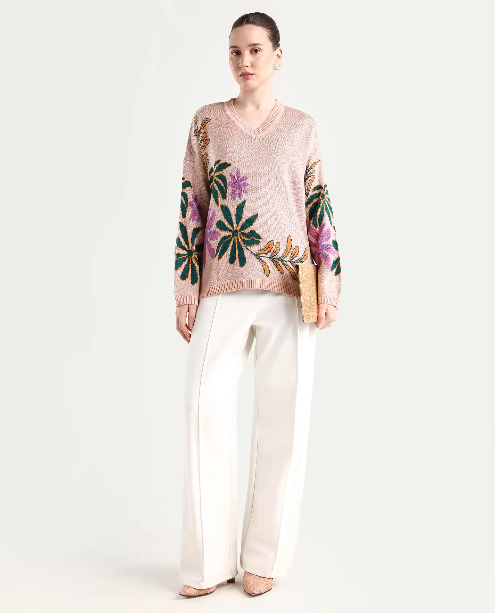 Rareism Women's Skyer Pink Acrylic V-Neck Floral Print Relaxed Fit Sweater - Image 2