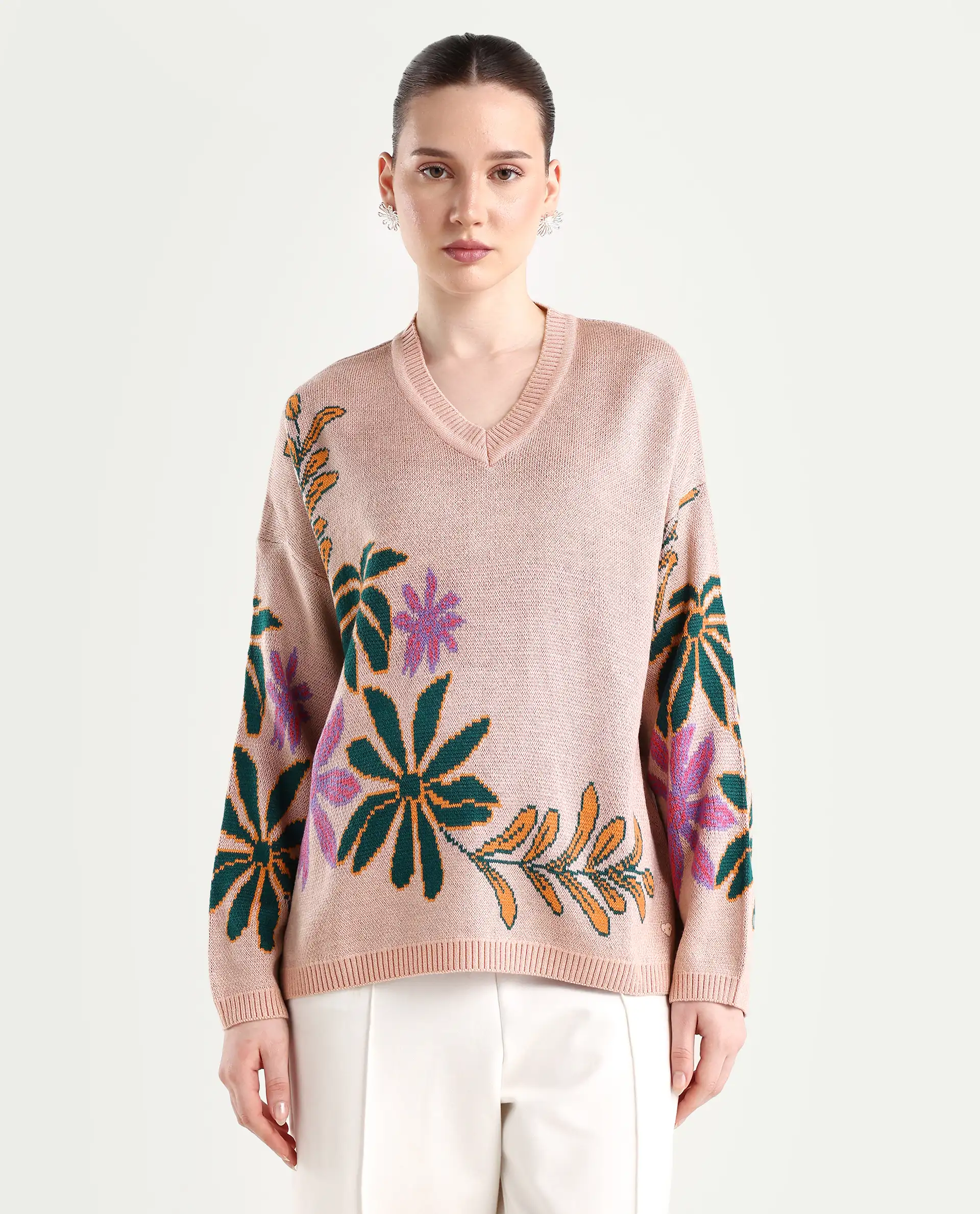 Rareism Women's Skyer Pink Acrylic V-Neck Floral Print Relaxed Fit Sweater - Image 3