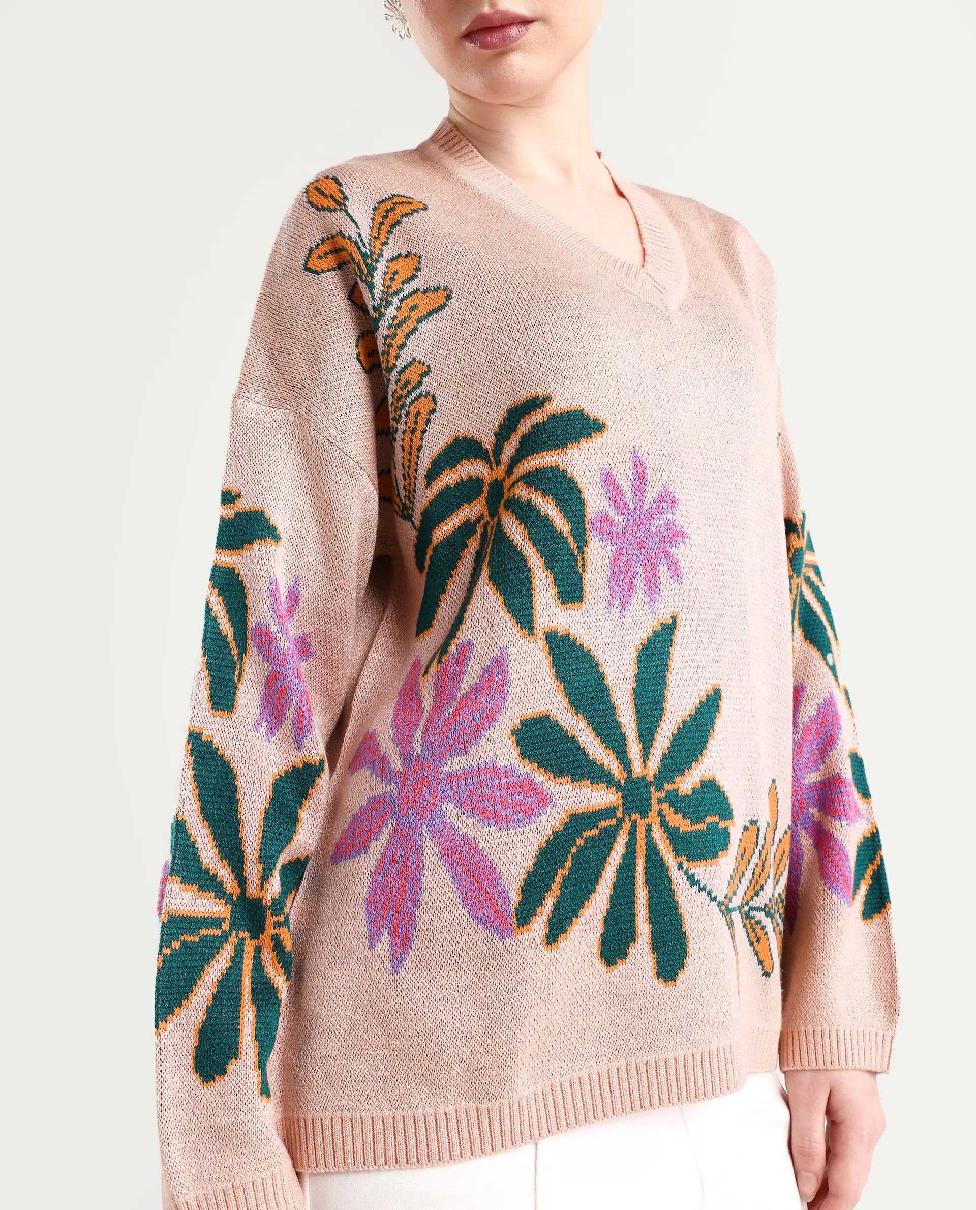 Rareism Women's Skyer Pink Acrylic V-Neck Floral Print Relaxed Fit Sweater - Image 4