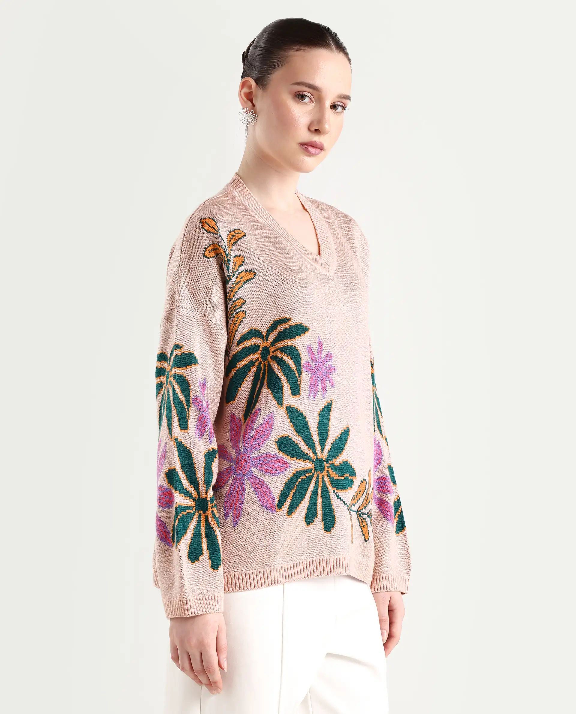 Rareism Women's Skyer Pink Acrylic V-Neck Floral Print Relaxed Fit Sweater - Image 5