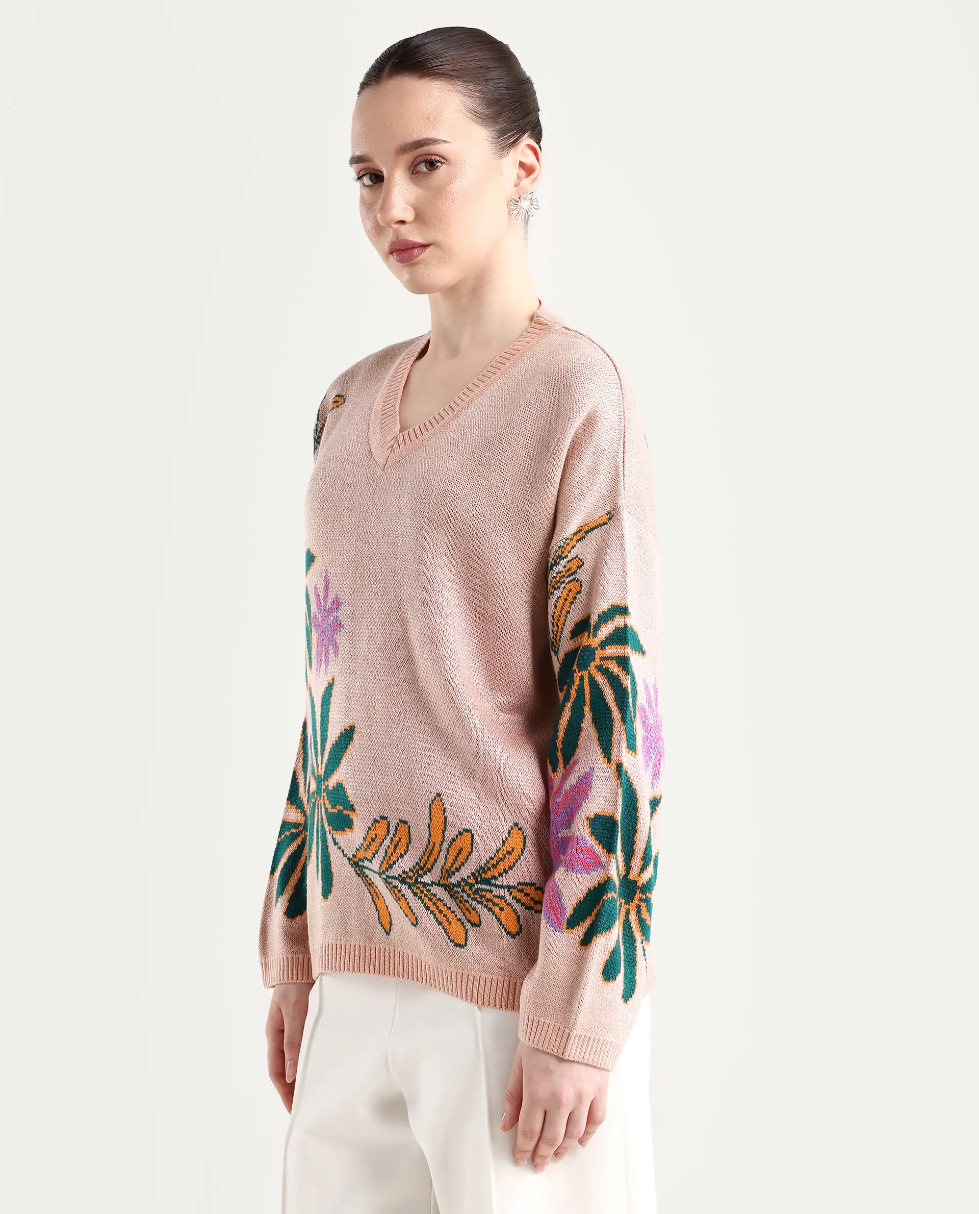 Rareism Women's Skyer Pink Acrylic V-Neck Floral Print Relaxed Fit Sweater - Image 6