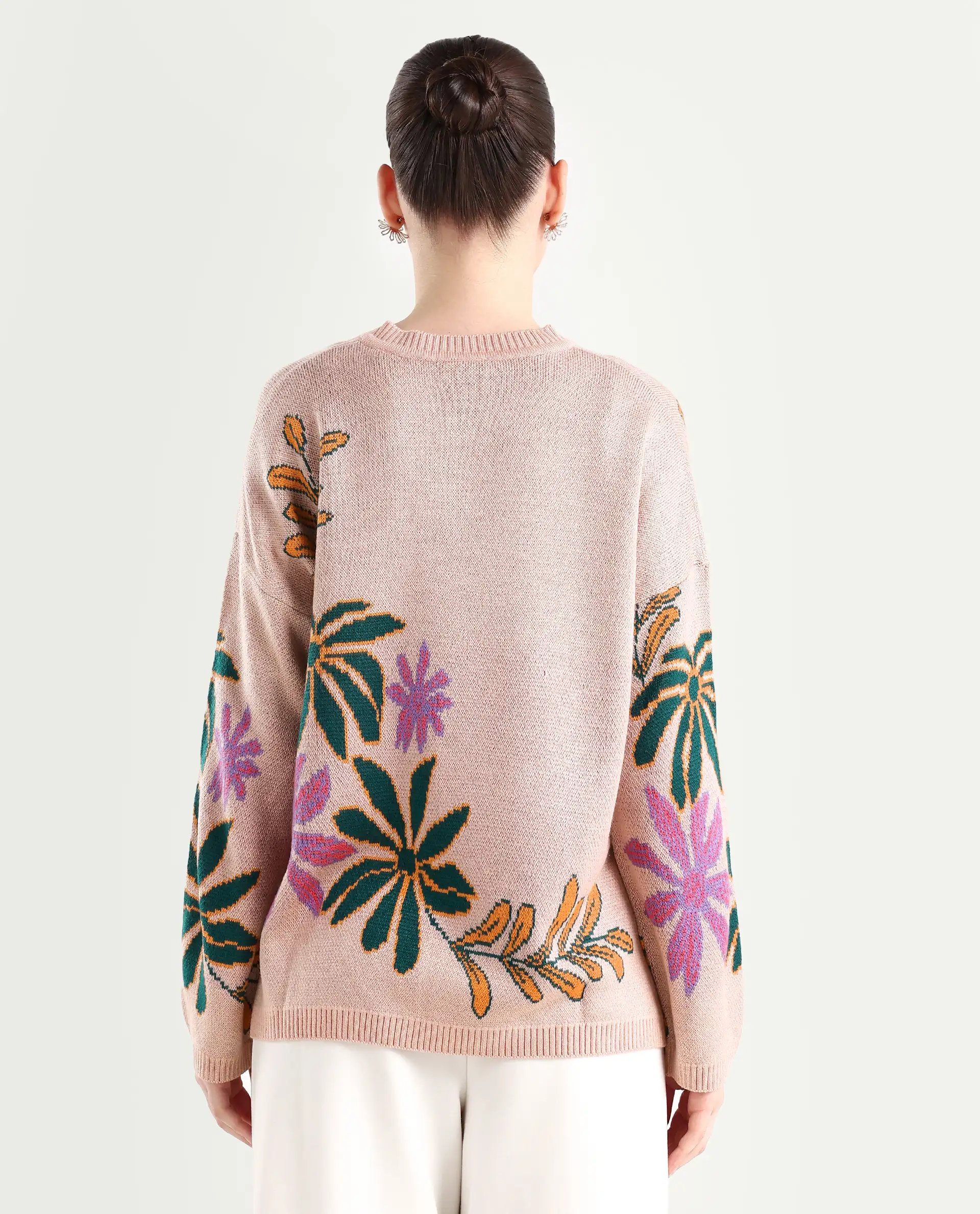 Rareism Women's Skyer Pink Acrylic V-Neck Floral Print Relaxed Fit Sweater - Image 7