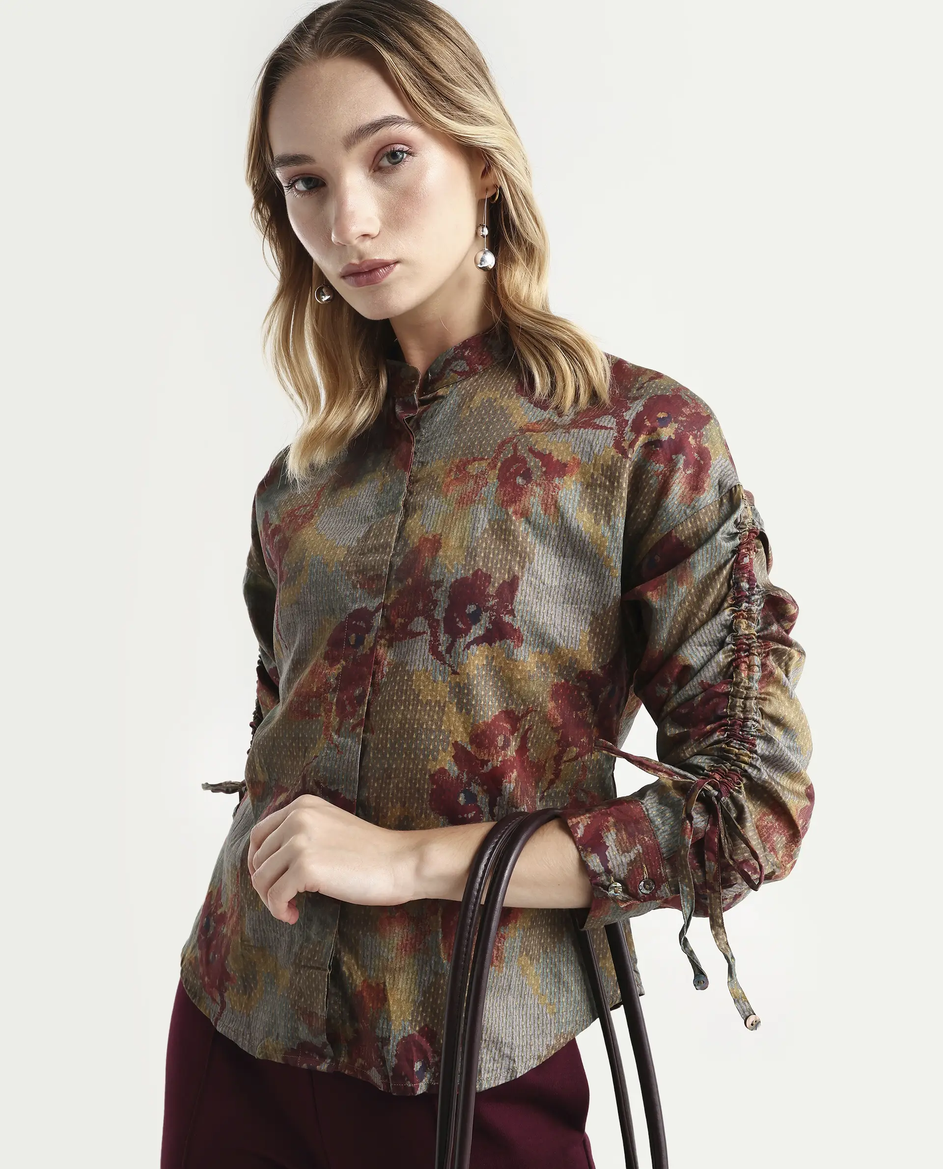Rareism Women's Skyla Olive Cotton Mandarin Collar Floral Print Regular Fit Top