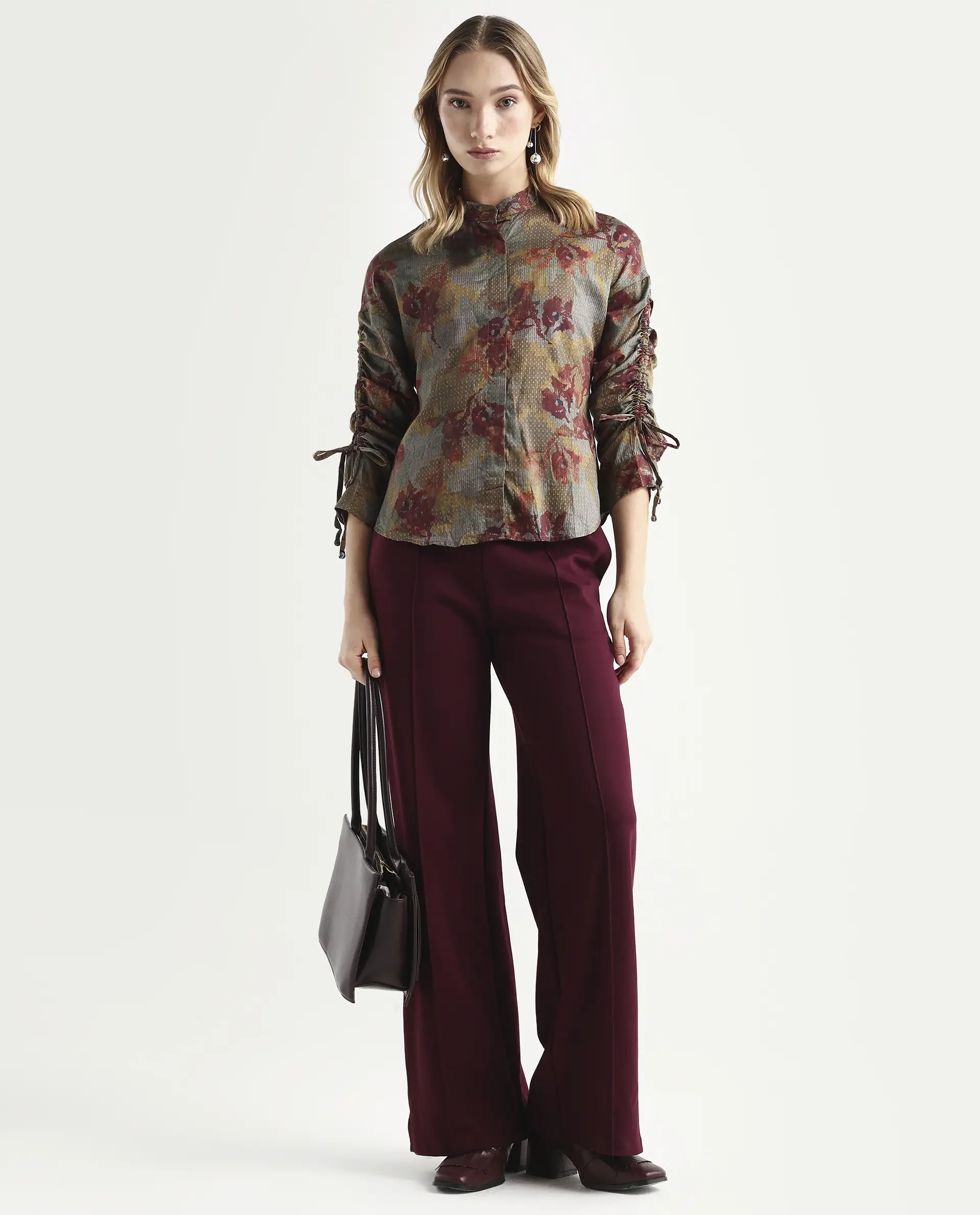 Rareism Women's Skyla Olive Cotton Mandarin Collar Floral Print Regular Fit Top - Image 2