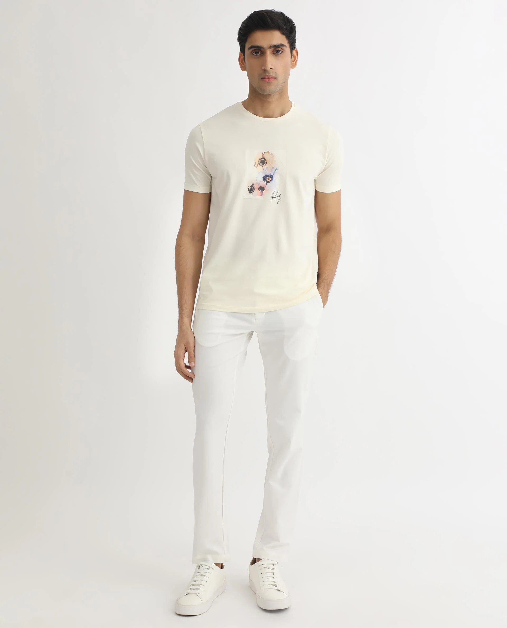 Rare Rabbit Men's Skyy Off White Cotton Graphic Print Slim Fit Half Sleeve Crew Neck T-Shirt - Image 3