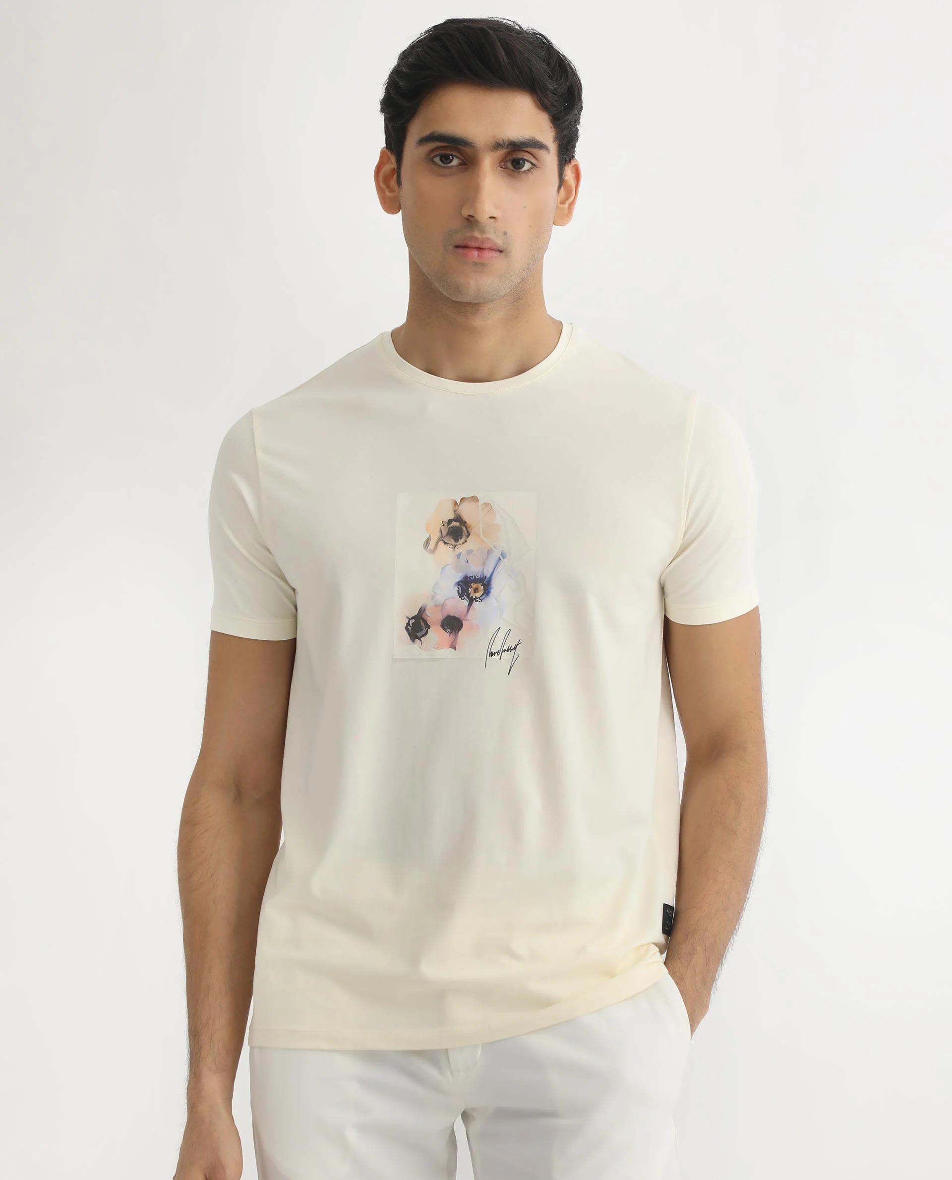 Rare Rabbit Men's Skyy Off White Cotton Graphic Print Slim Fit Half Sleeve Crew Neck T-Shirt - Image 4