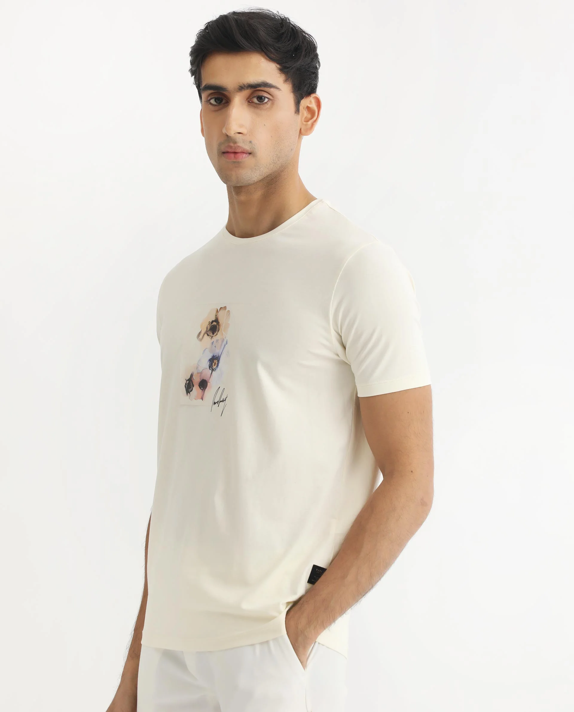 Rare Rabbit Men's Skyy Off White Cotton Graphic Print Slim Fit Half Sleeve Crew Neck T-Shirt - Image 5