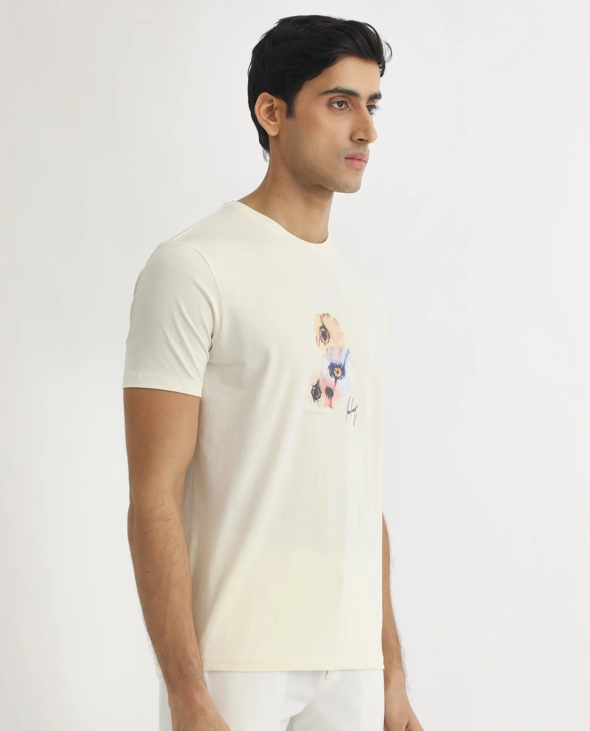 Rare Rabbit Men's Skyy Off White Cotton Graphic Print Slim Fit Half Sleeve Crew Neck T-Shirt - Image 6