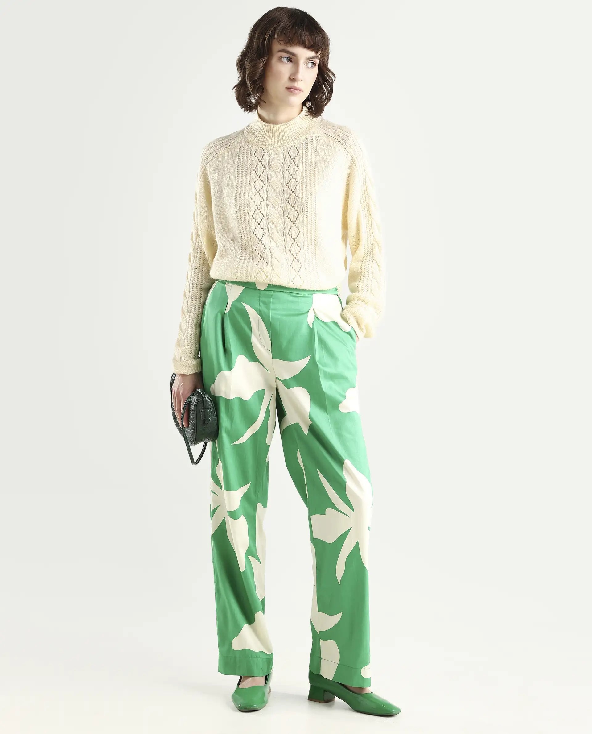 Rareism Women's Slag Green Cotton Floral Print Ankle Length Relaxed Fit Trouser
