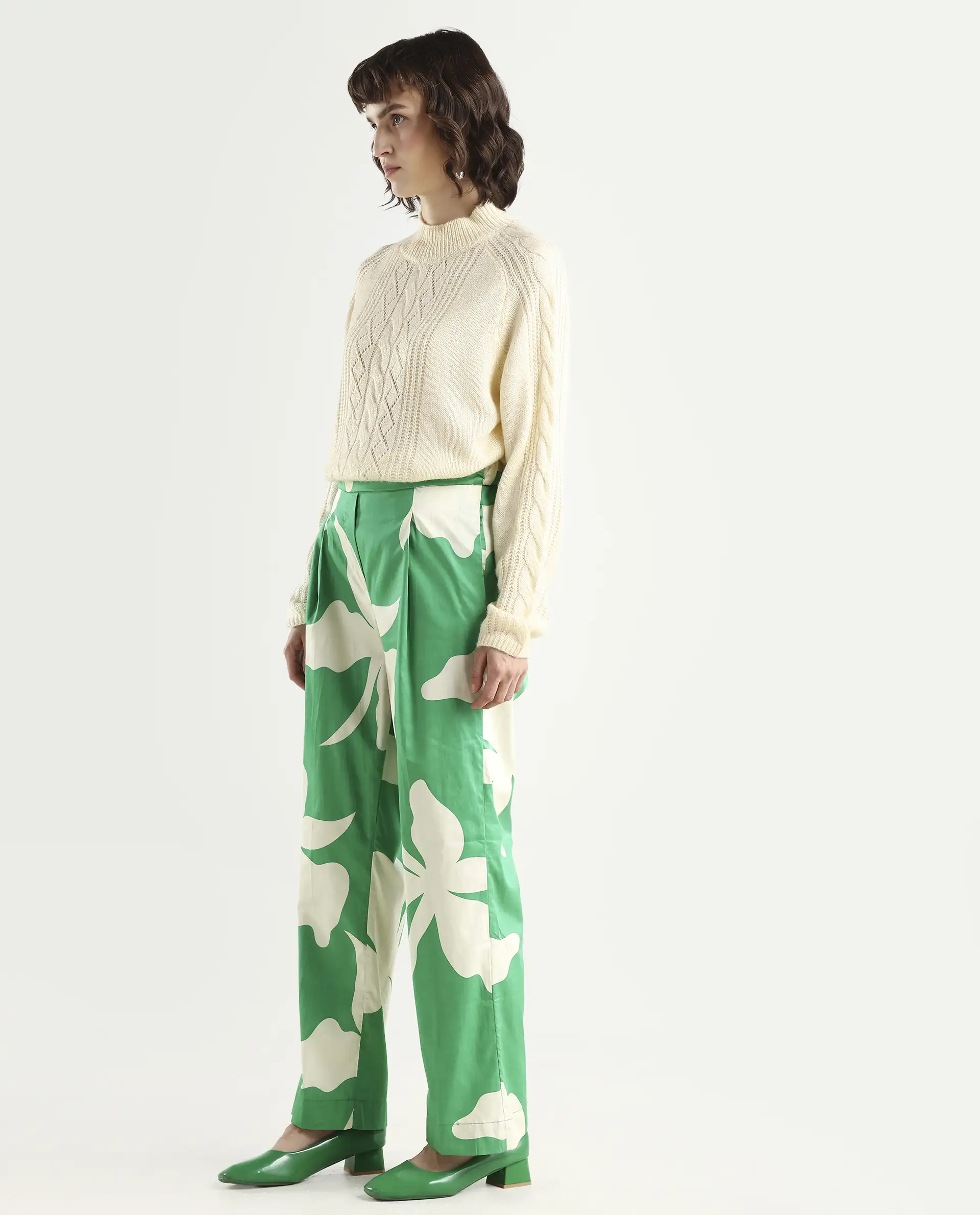 Rareism Women's Slag Green Cotton Floral Print Ankle Length Relaxed Fit Trouser - Image 5