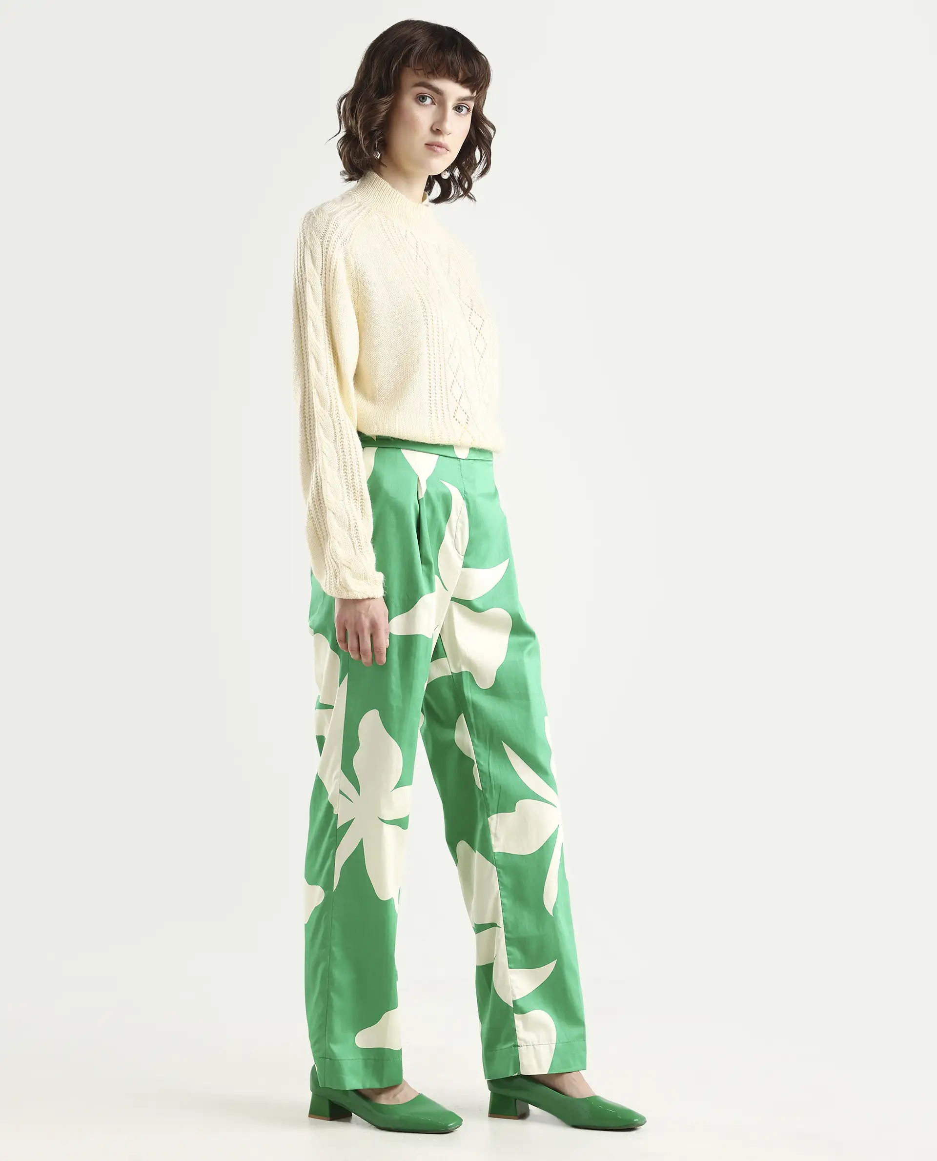 Rareism Women's Slag Green Cotton Floral Print Ankle Length Relaxed Fit Trouser - Image 6