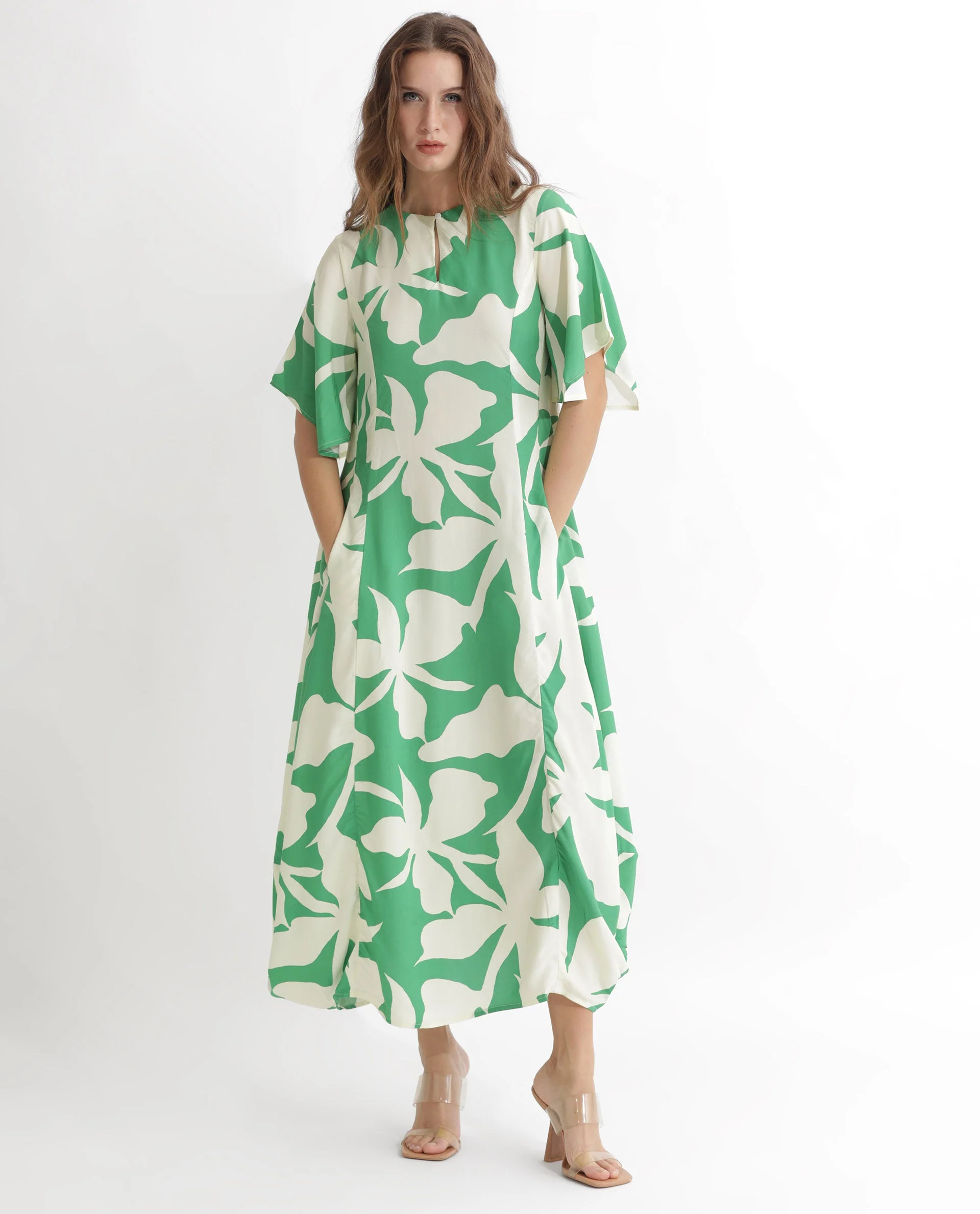 Rareism Women's Slager Green Viscose Key Hole Neck Floral Print Bell Sleeve Maxi Regular Fit Dress