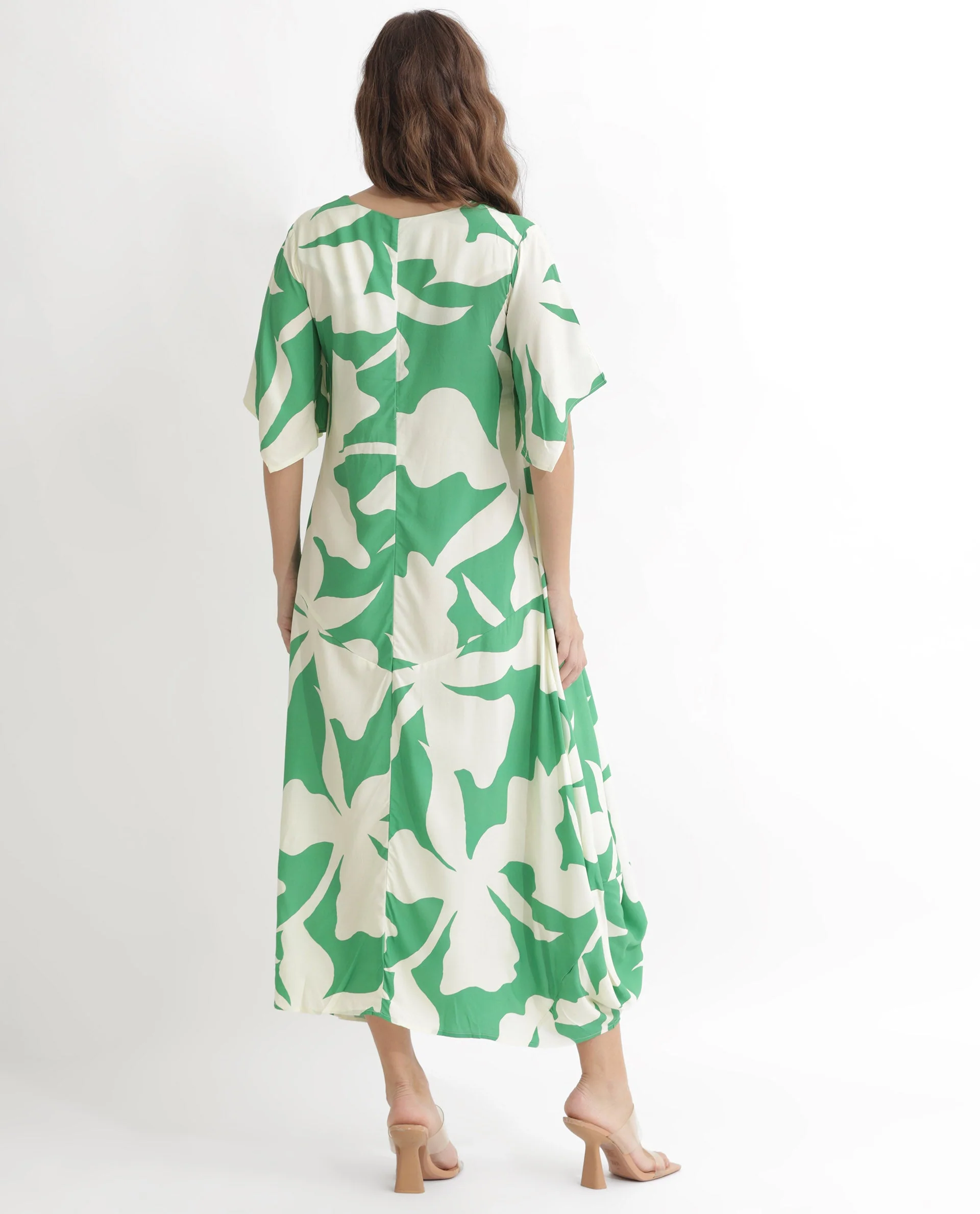 Rareism Women's Slager Green Viscose Key Hole Neck Floral Print Bell Sleeve Maxi Regular Fit Dress - Image 10