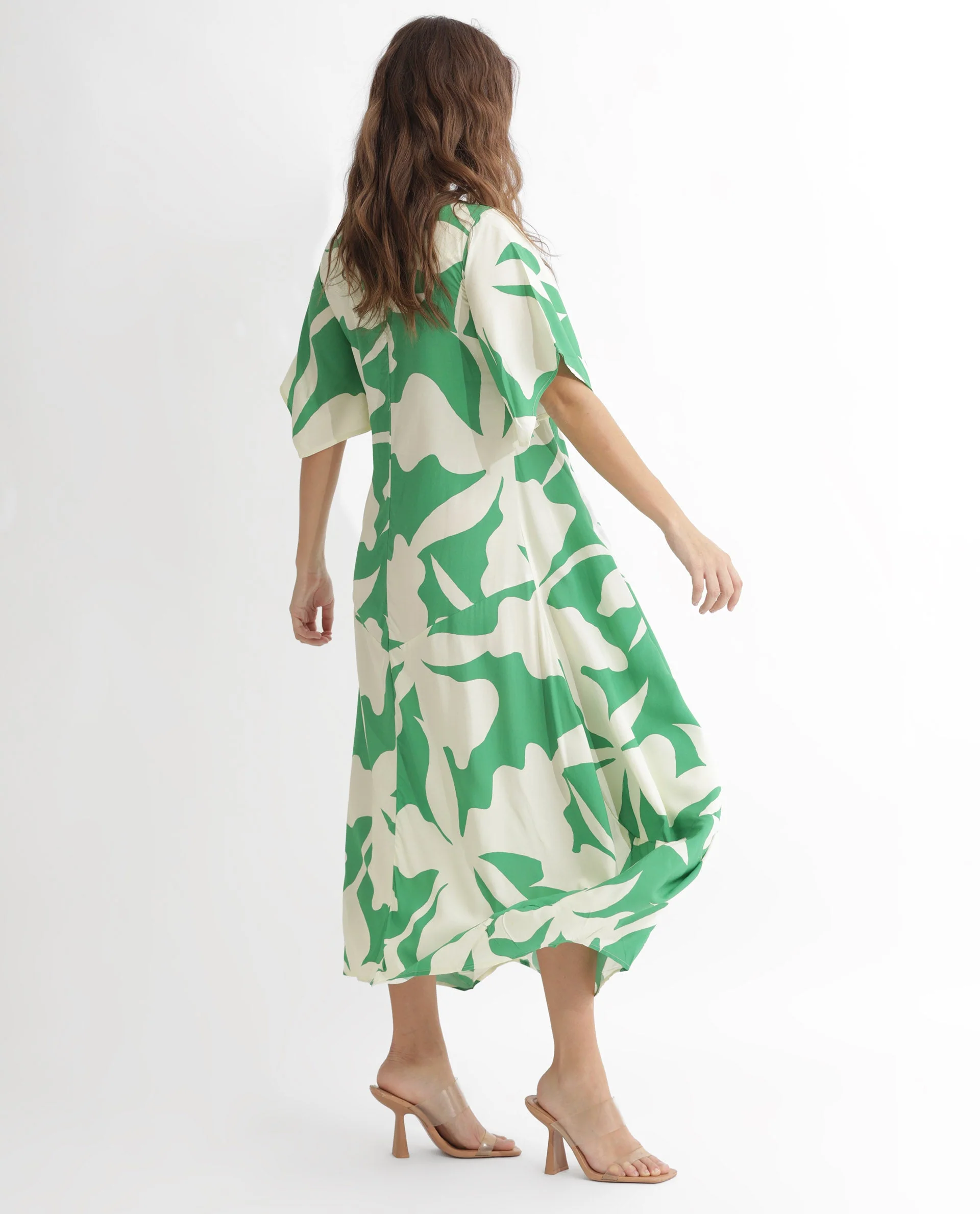 Rareism Women's Slager Green Viscose Key Hole Neck Floral Print Bell Sleeve Maxi Regular Fit Dress - Image 11