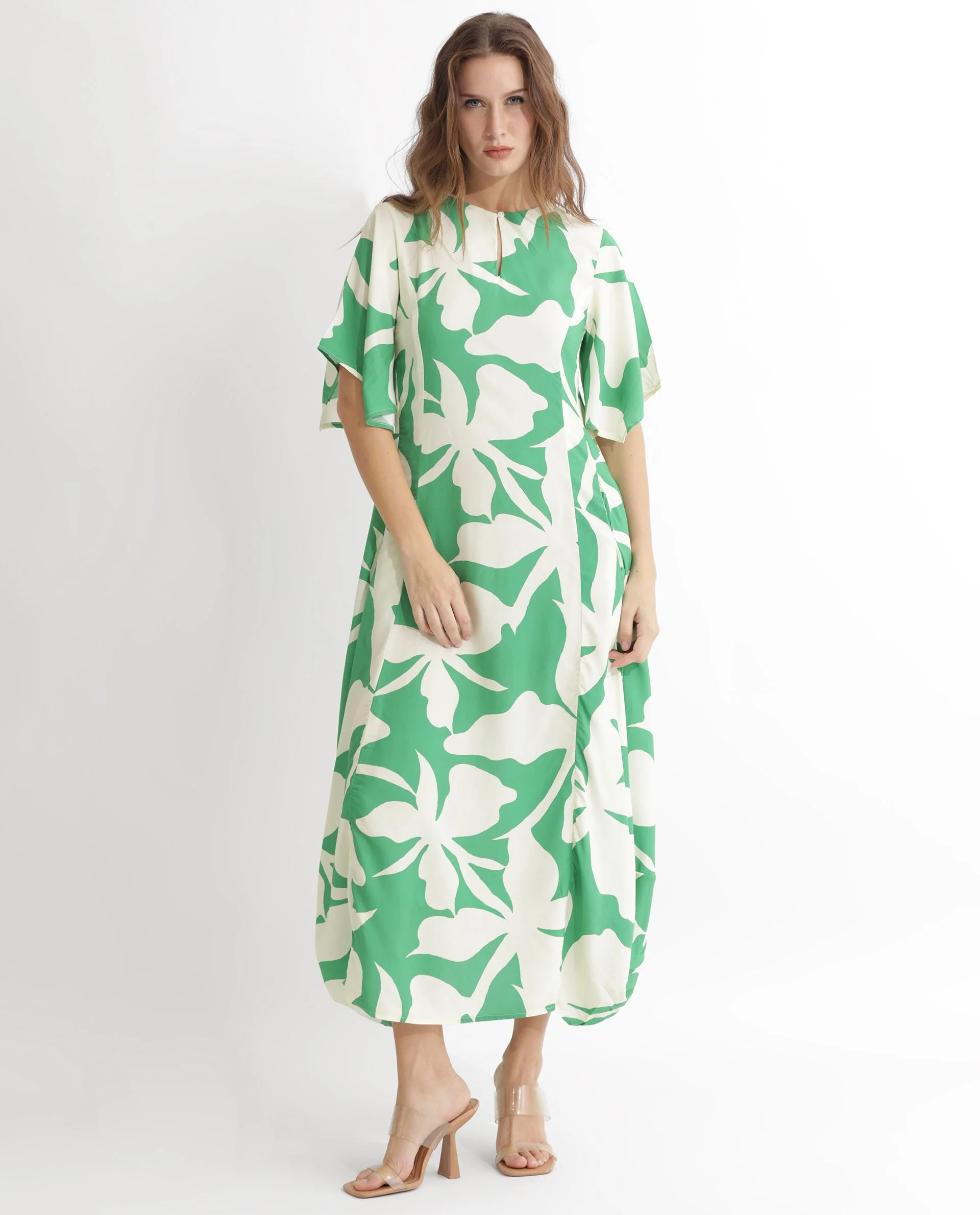 Rareism Women's Slager Green Viscose Key Hole Neck Floral Print Bell Sleeve Maxi Regular Fit Dress - Image 12