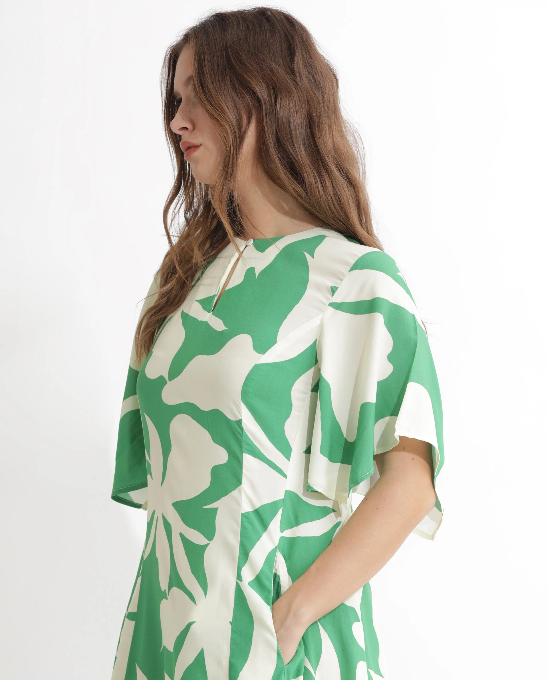 Rareism Women's Slager Green Viscose Key Hole Neck Floral Print Bell Sleeve Maxi Regular Fit Dress - Image 3