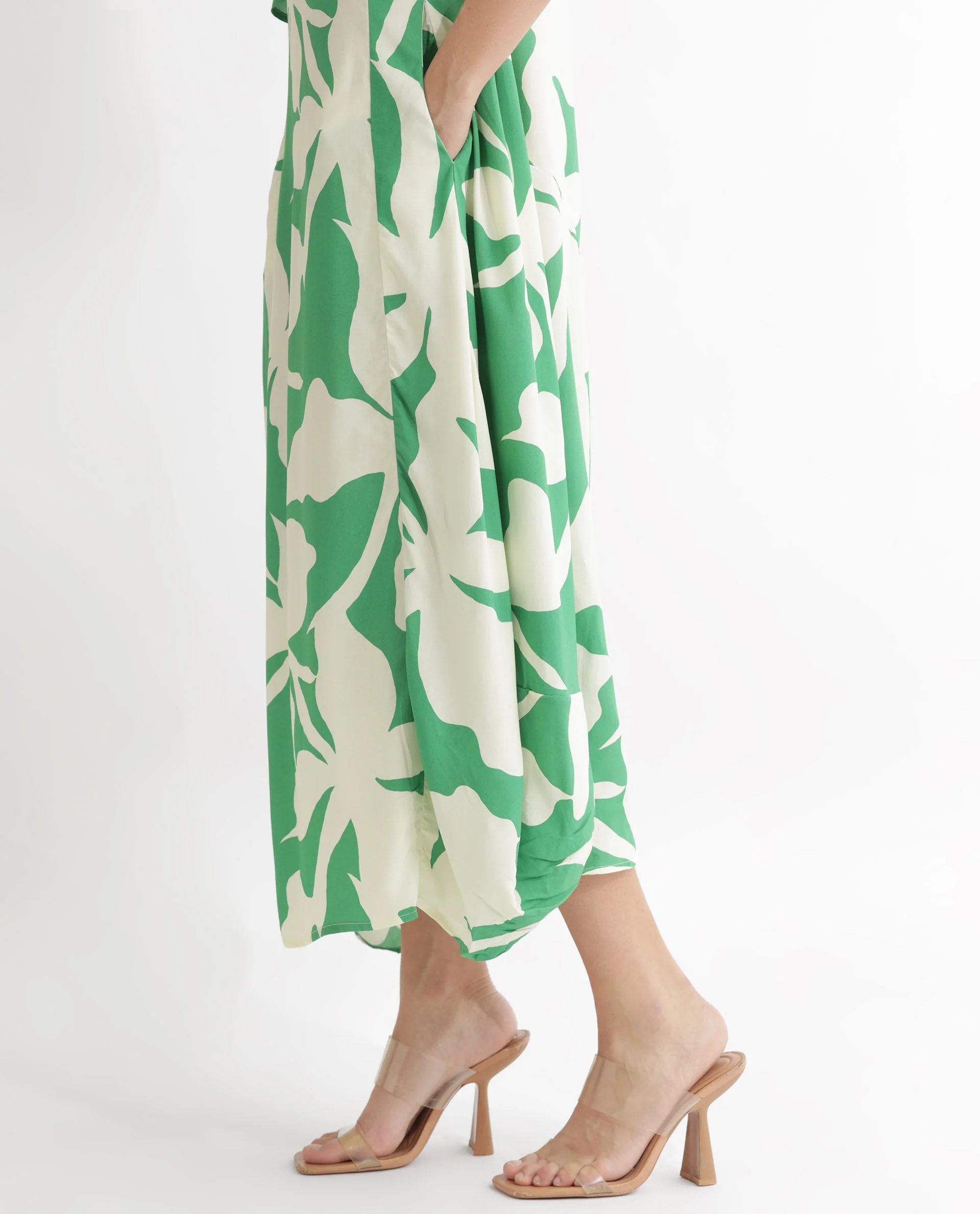Rareism Women's Slager Green Viscose Key Hole Neck Floral Print Bell Sleeve Maxi Regular Fit Dress - Image 4