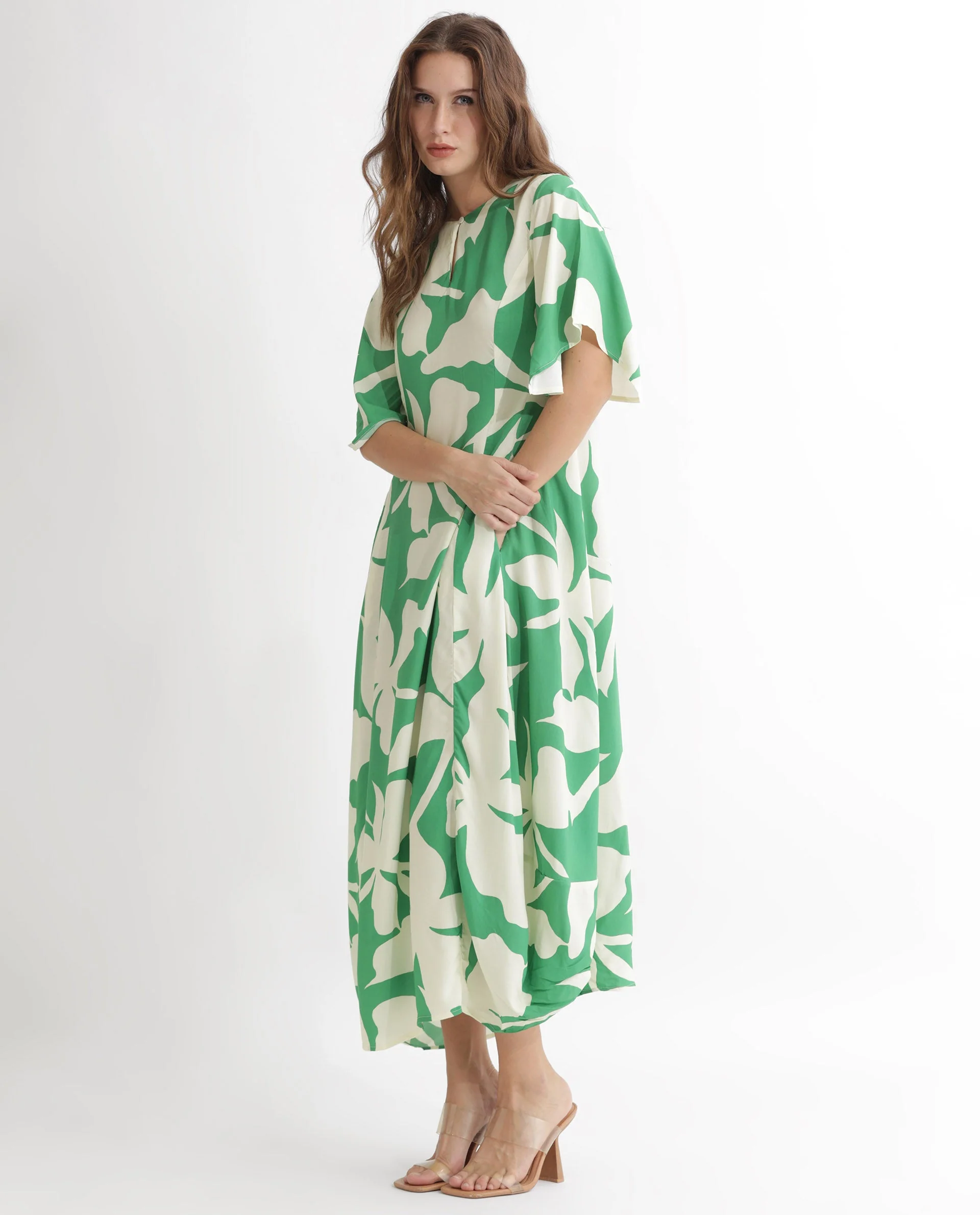 Rareism Women's Slager Green Viscose Key Hole Neck Floral Print Bell Sleeve Maxi Regular Fit Dress - Image 5